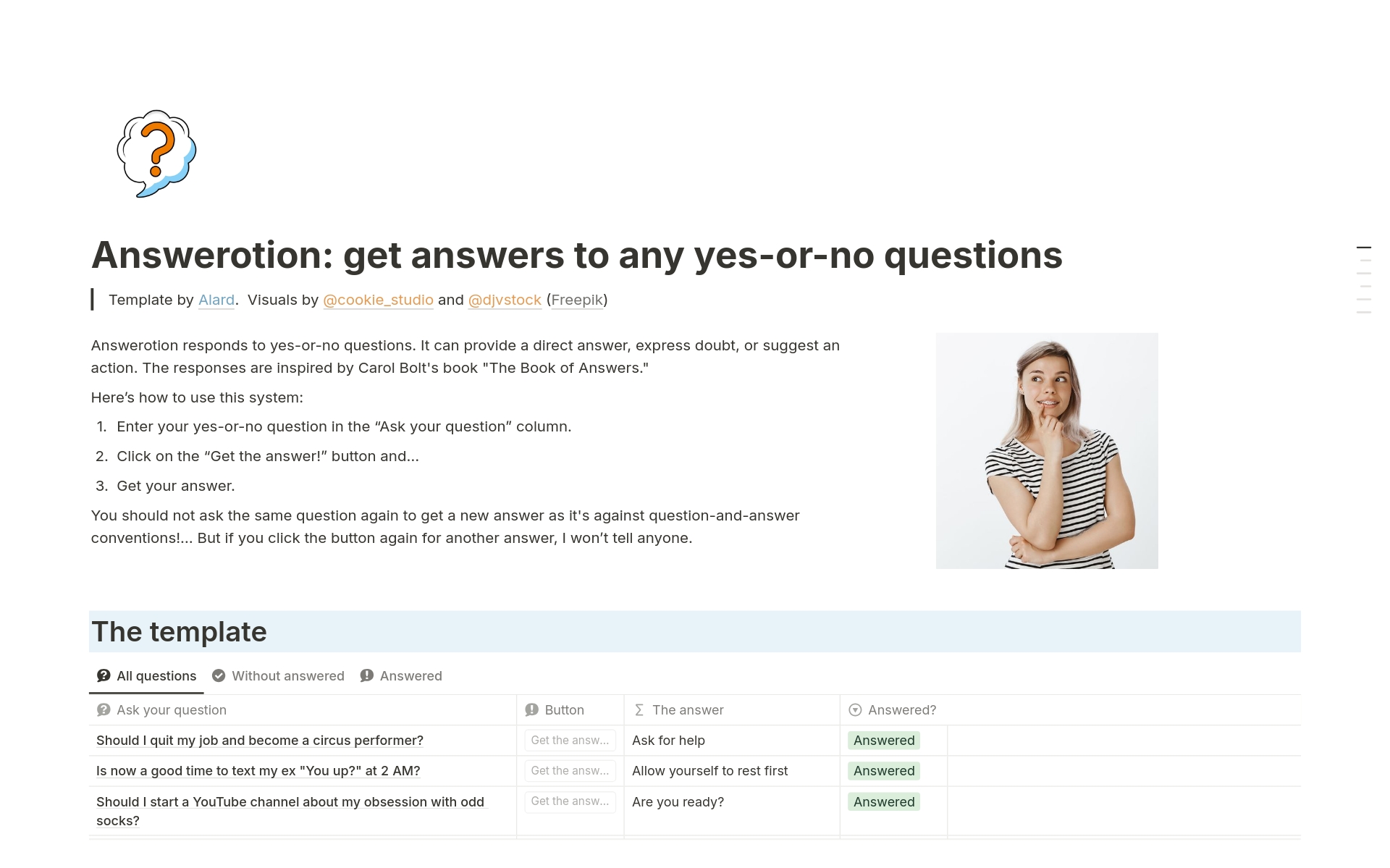 En förhandsgranskning av mallen för Answerotion: get answers to yes-or-no questions