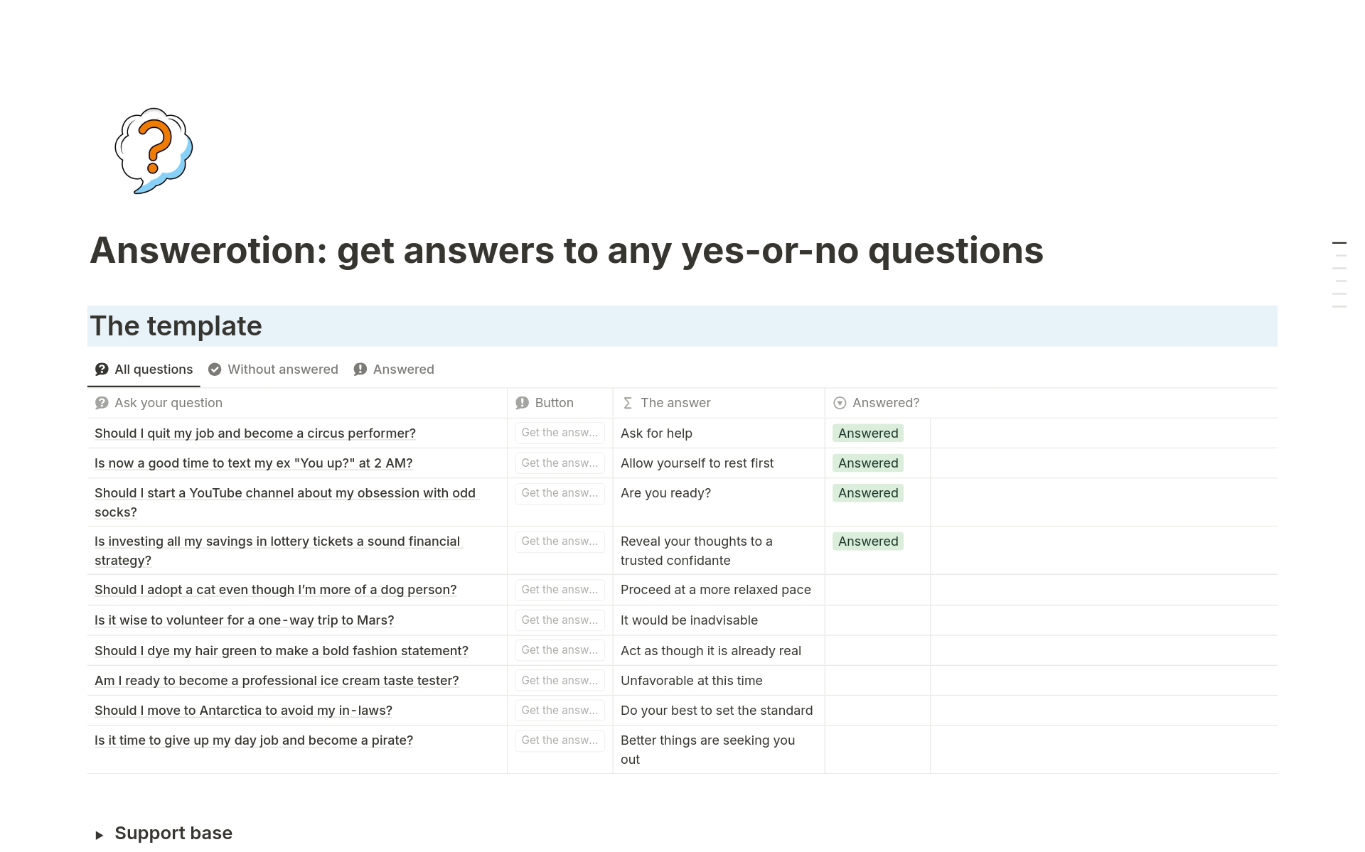 Answerotion is a Notion template that responds to yes-or-no questions. It can provide a direct answer, express doubt, or suggest an action. The responses are inspired by Carol Bolt's "The Book of Answers."