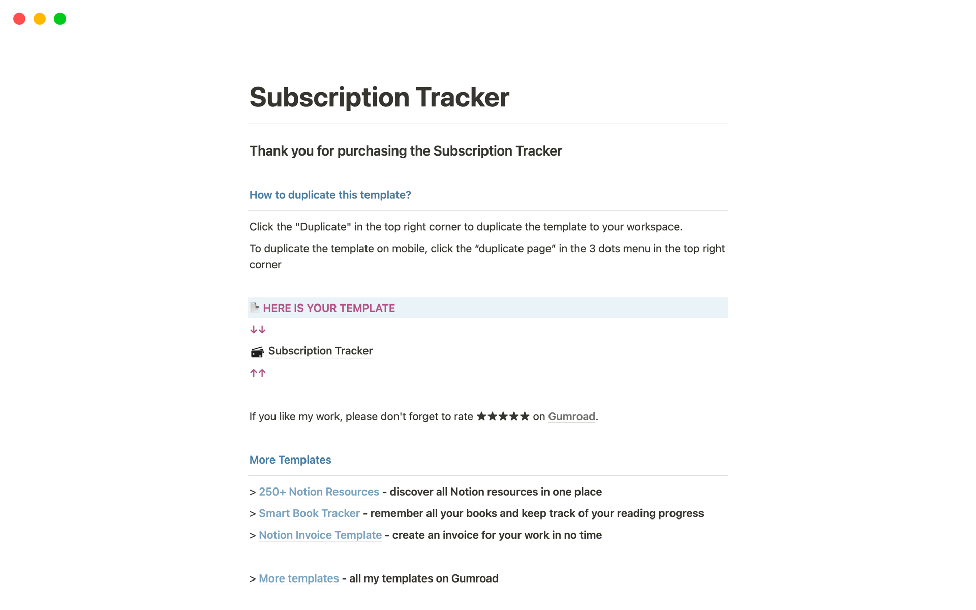 En forhåndsvisning av mal for Subscription Tracker