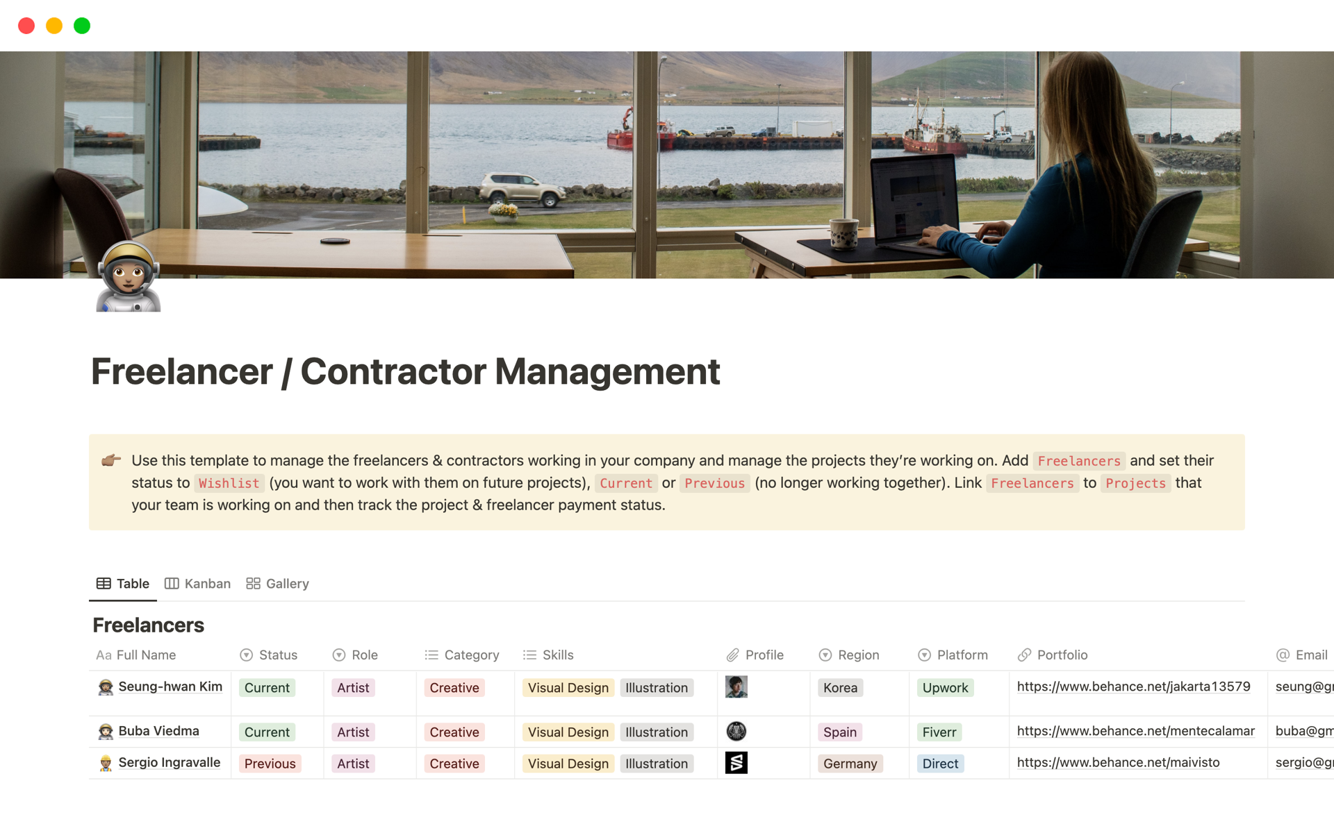Vista previa de una plantilla para Freelancer / Contractor Management