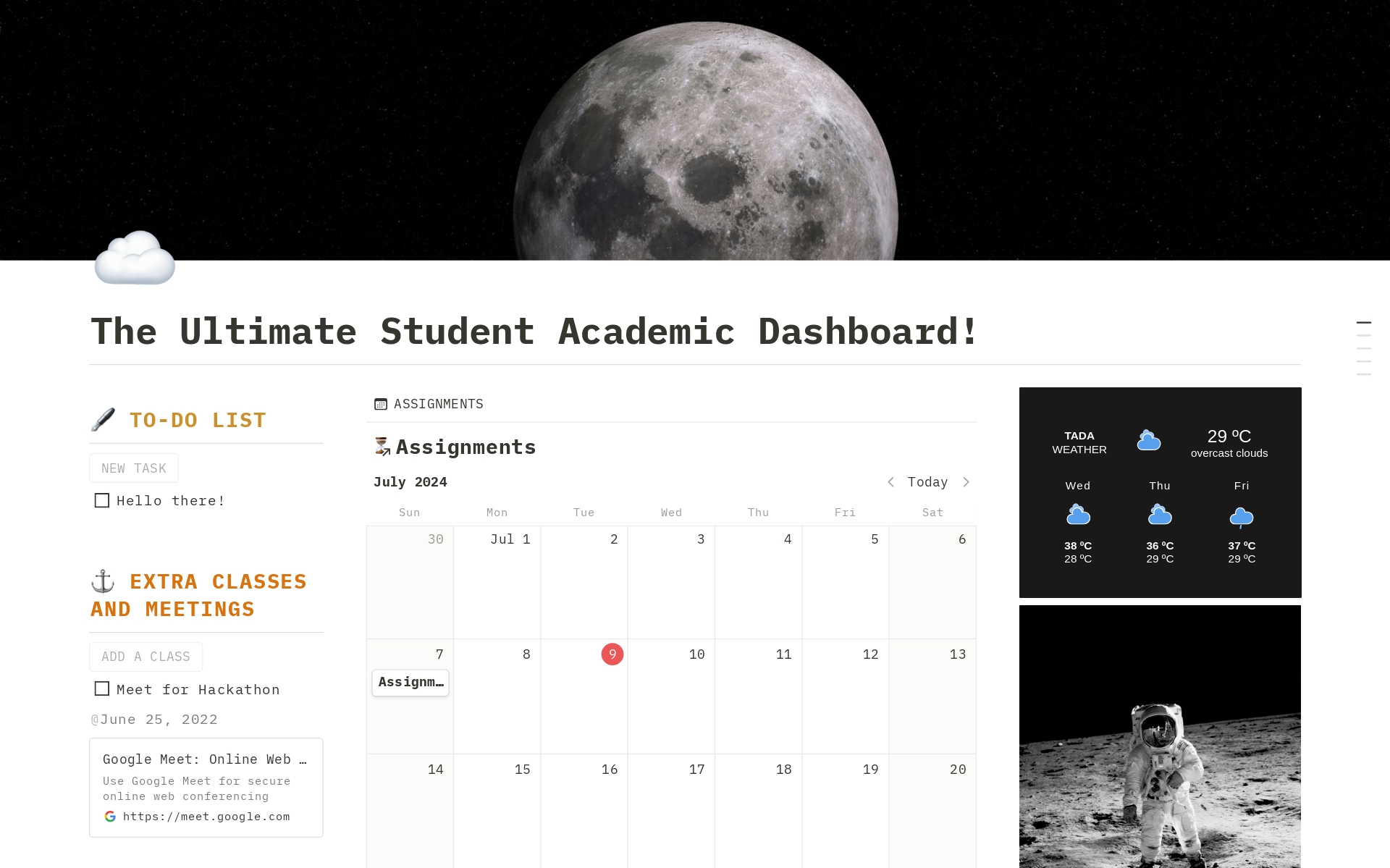 Supercharge Your Academic Life!
Unlock your potential with this Space-Themed Academic Tracker Notion Template. Streamline your student life with organization, time management, and performance tracking in one epic system. Never miss a deadline, forget an assignment, or lose notes.