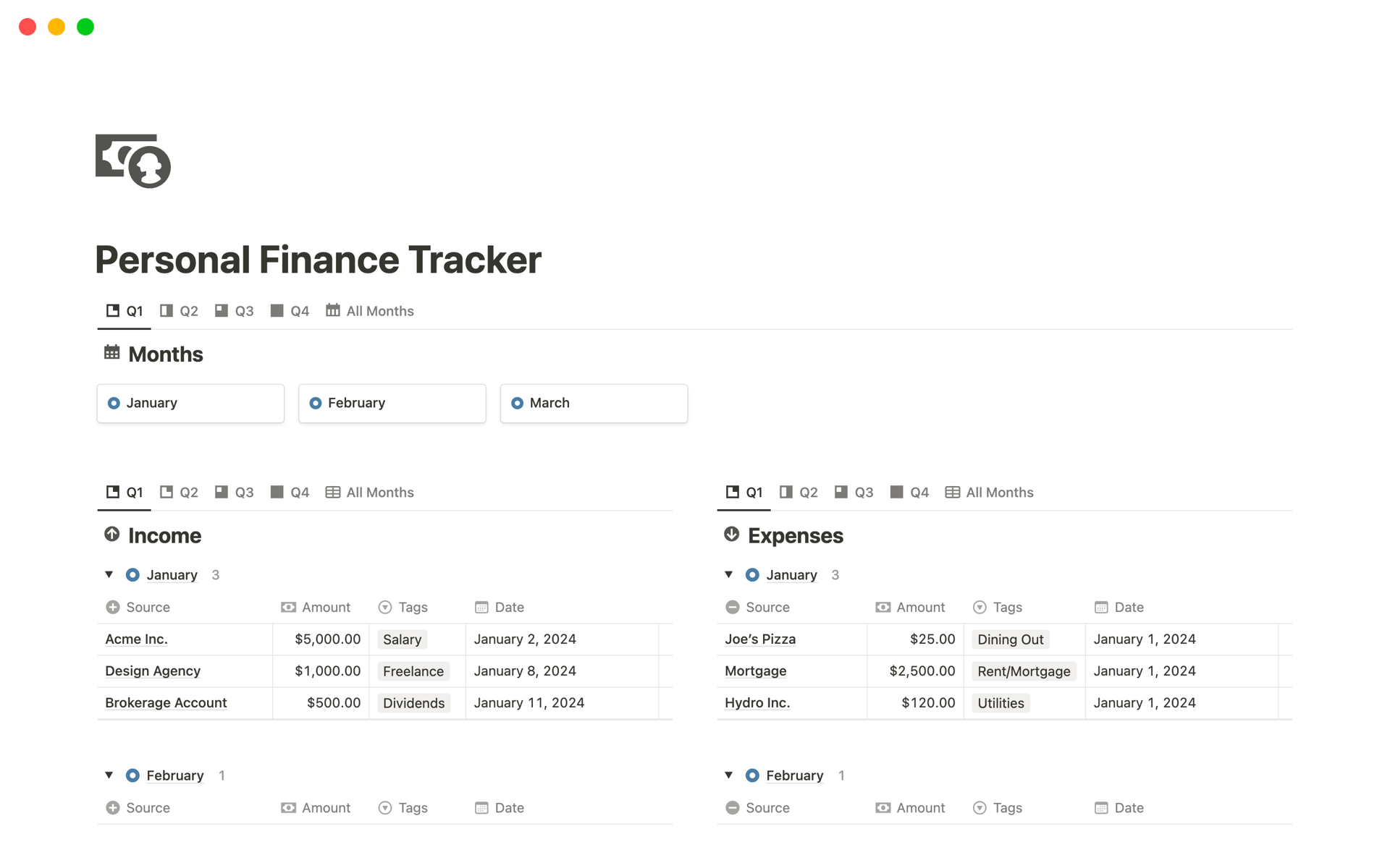 En forhåndsvisning av mal for Personal Finance Tracker (w/ Notion AI)