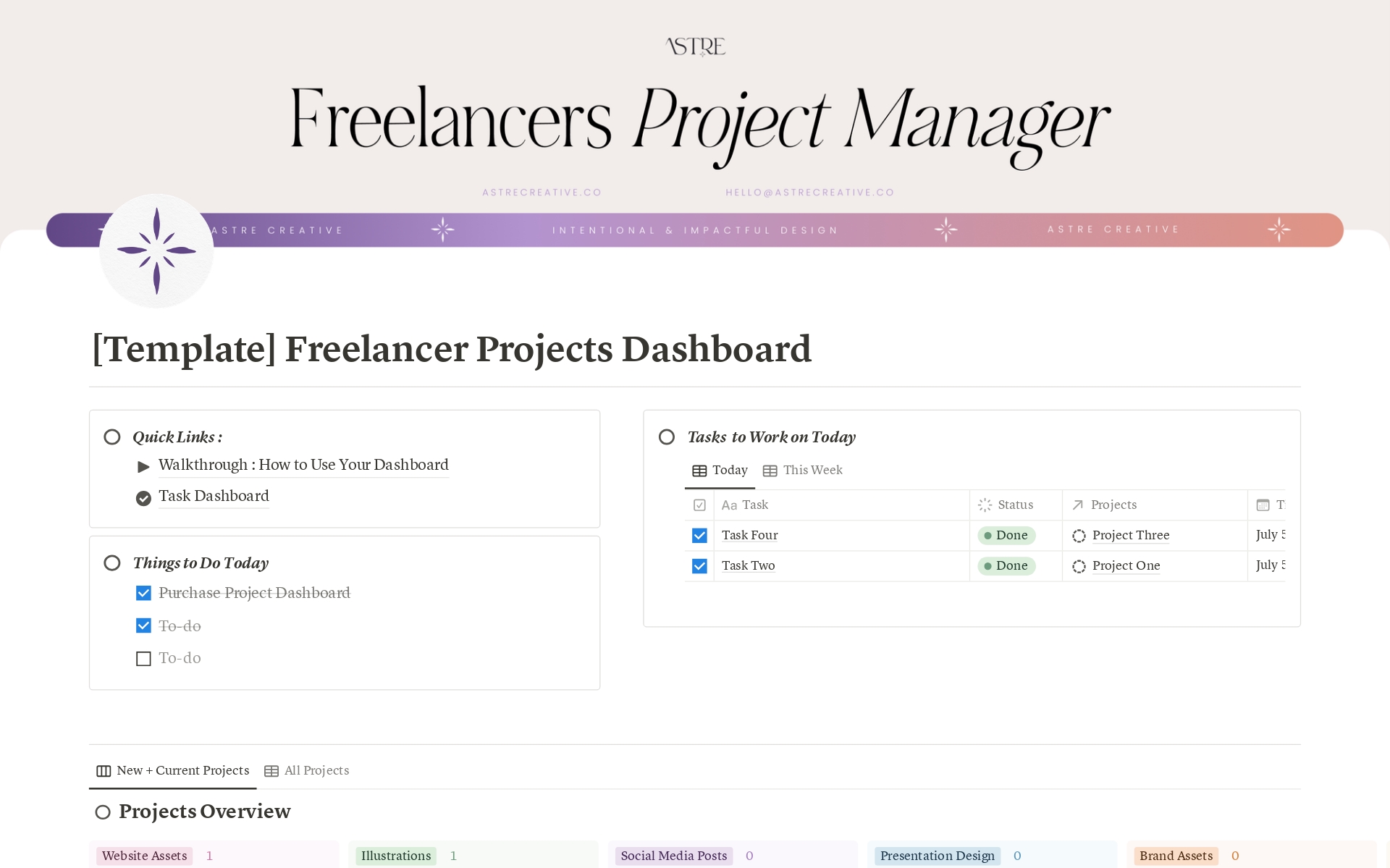 En forhåndsvisning av mal for Freelancer's Project Manager