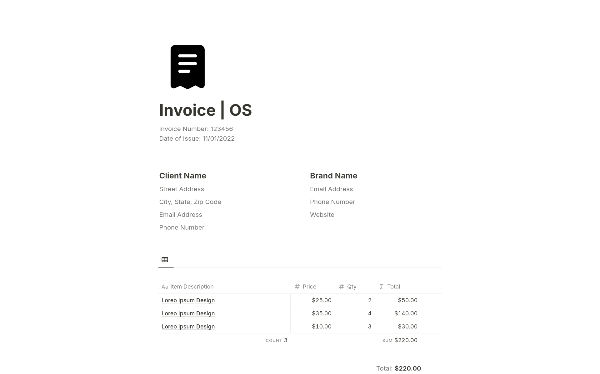En förhandsgranskning av mallen för Invoice | OS