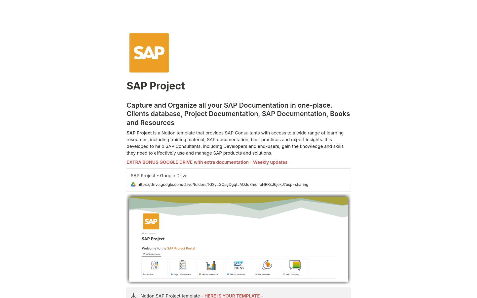 En förhandsgranskning av mallen för SAP Project
