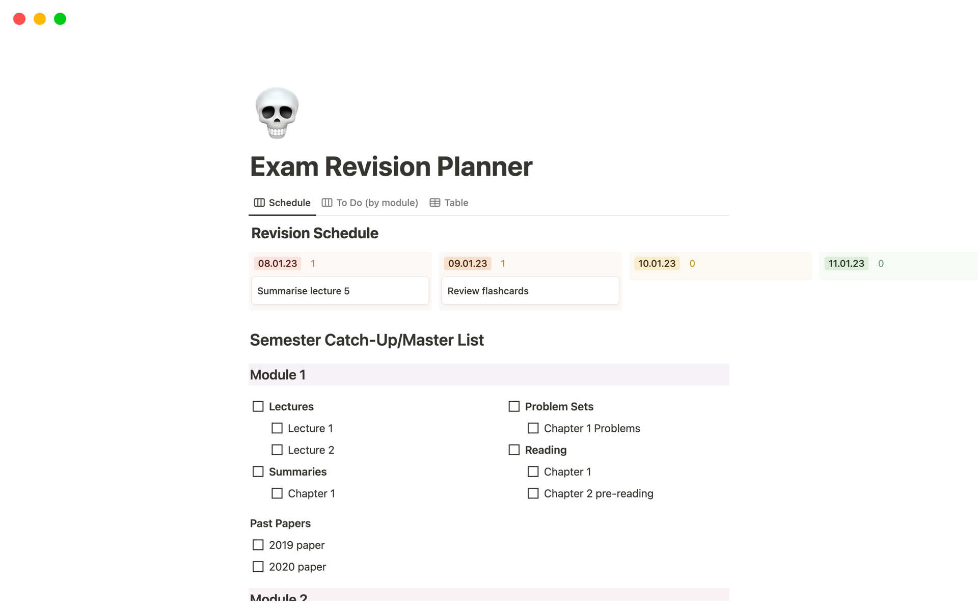 Eine Vorlagenvorschau für Revision Planner