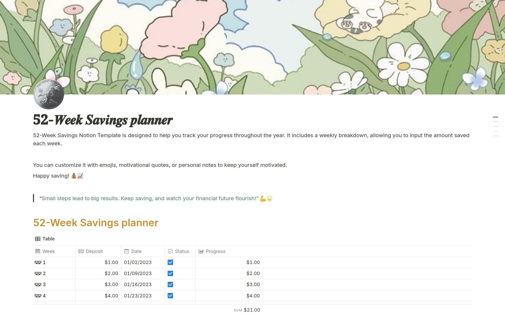 Achieve your savings goals effortlessly with the 52-Week Savings Planner Notion Template. This practical tool is perfect for building a consistent savings habit over a year. Ideal for personal finance, budgeting, and long-term financial planning. Start saving systematically.