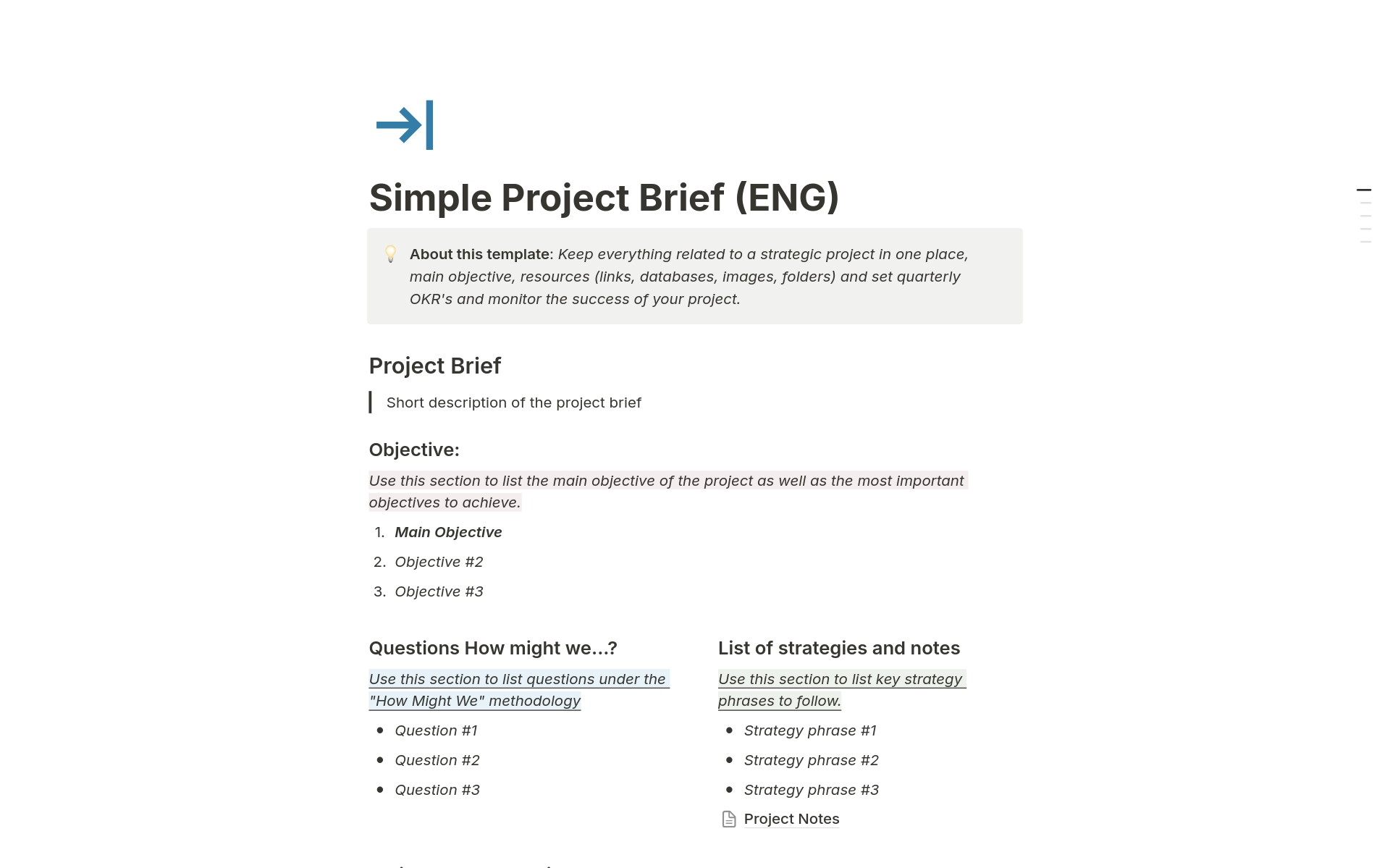 Uma prévia do modelo para Simple Project Brief