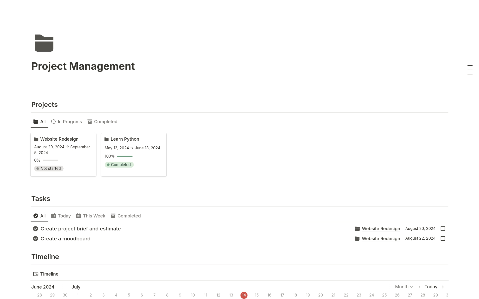 Manage your projects more simply and efficiently. With this template, you can manage your projects in one place, keep track of deadlines and status and plan each stage of your project without missing any deadlines.