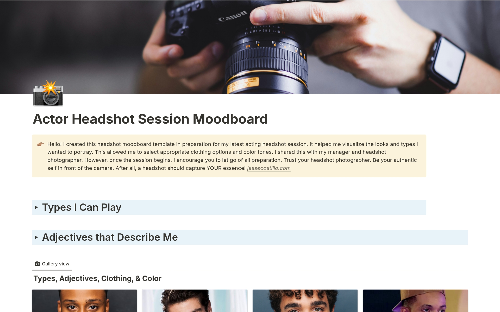En forhåndsvisning av mal for Actor Headshot Session Moodboard
