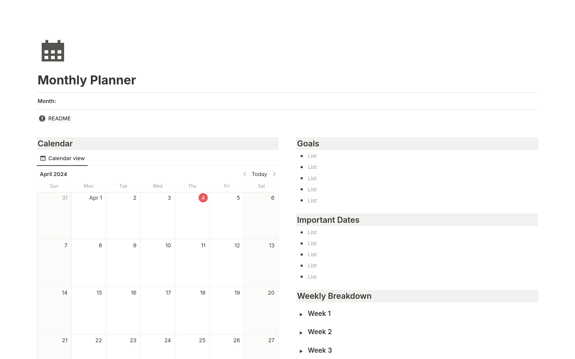 Discover a sleek and streamlined Monthly Planner Notion Template, perfect for organizing your month at a glance. Effortlessly track important dates, goals, and tasks with a minimalist layout that enhances focus and productivity.