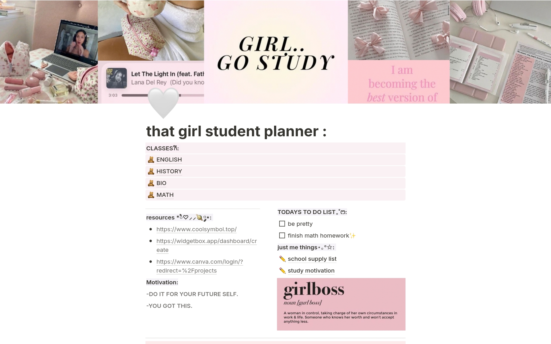 En forhåndsvisning av mal for that girl student planner
