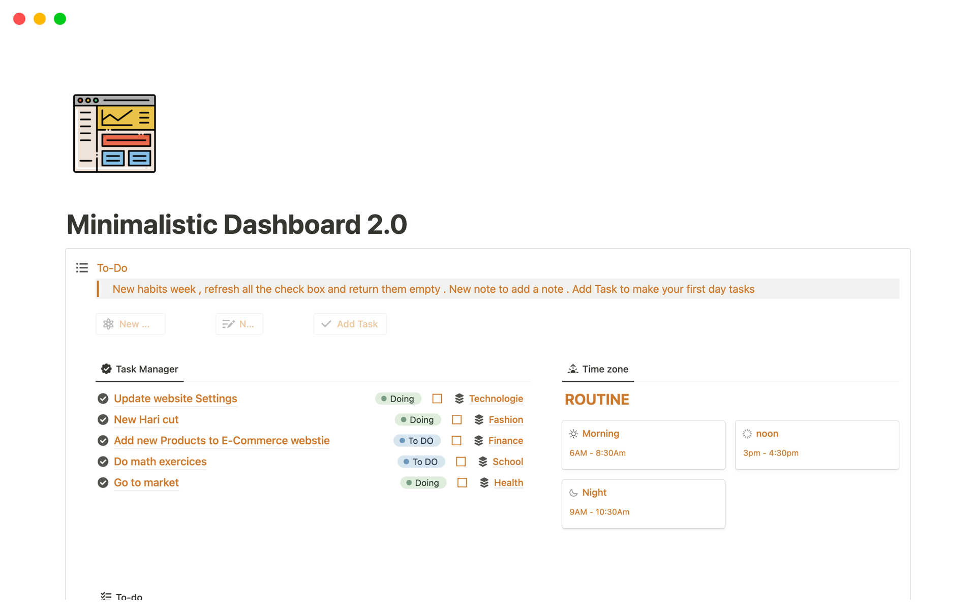 En förhandsgranskning av mallen för Minimalistic Dashboard 2.0