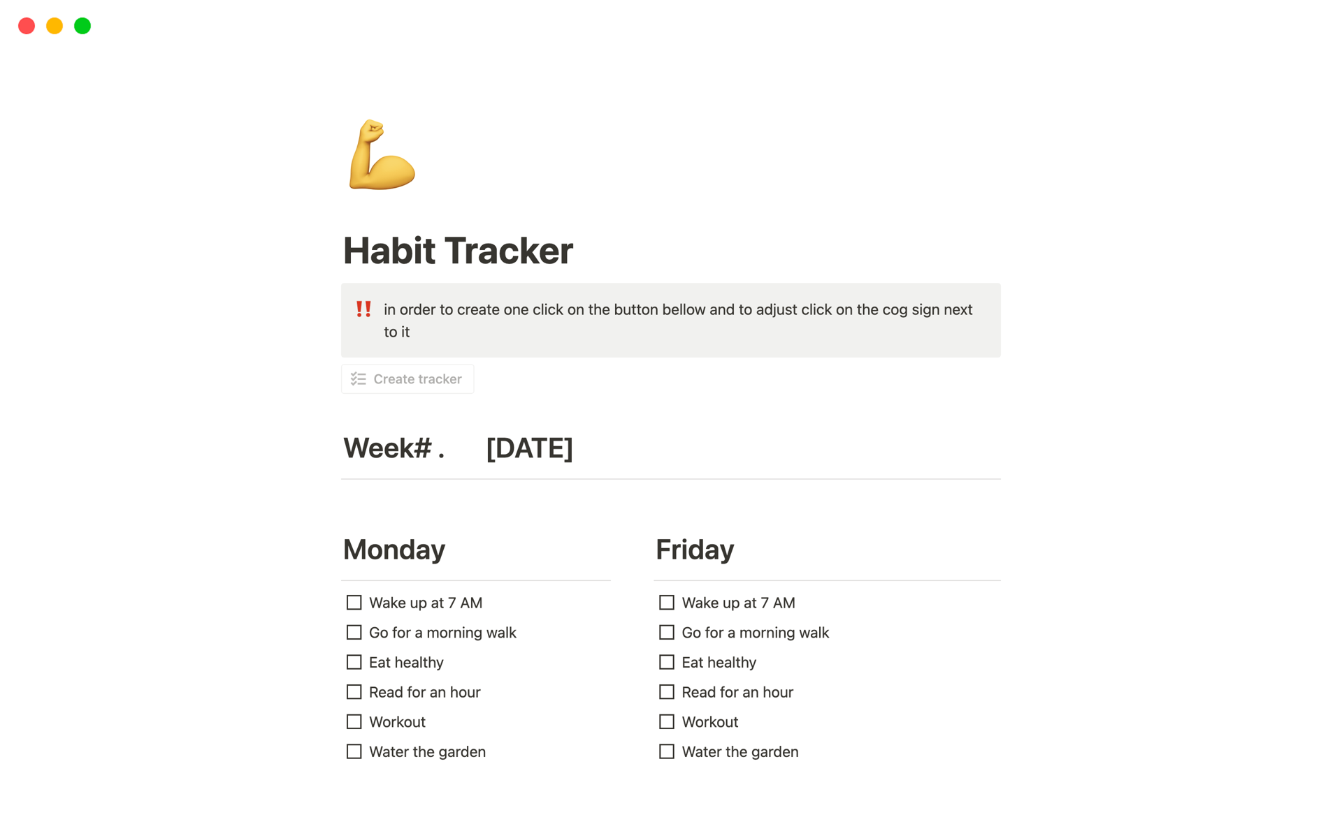 Vista previa de una plantilla para Habit Tracker