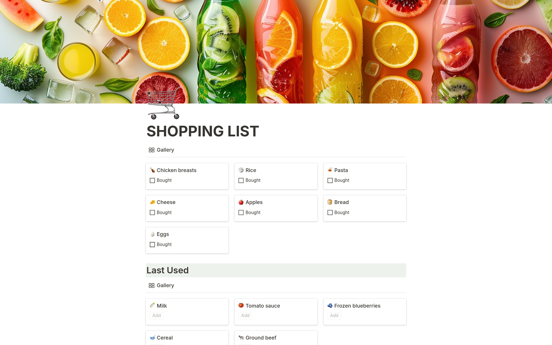 Our practical grocery shopping list template helps you plan your purchases efficiently and ensures you never forget anything. Organize your groceries by categories and manage your weekly shopping effortlessly, whether you're at the store or shopping online.