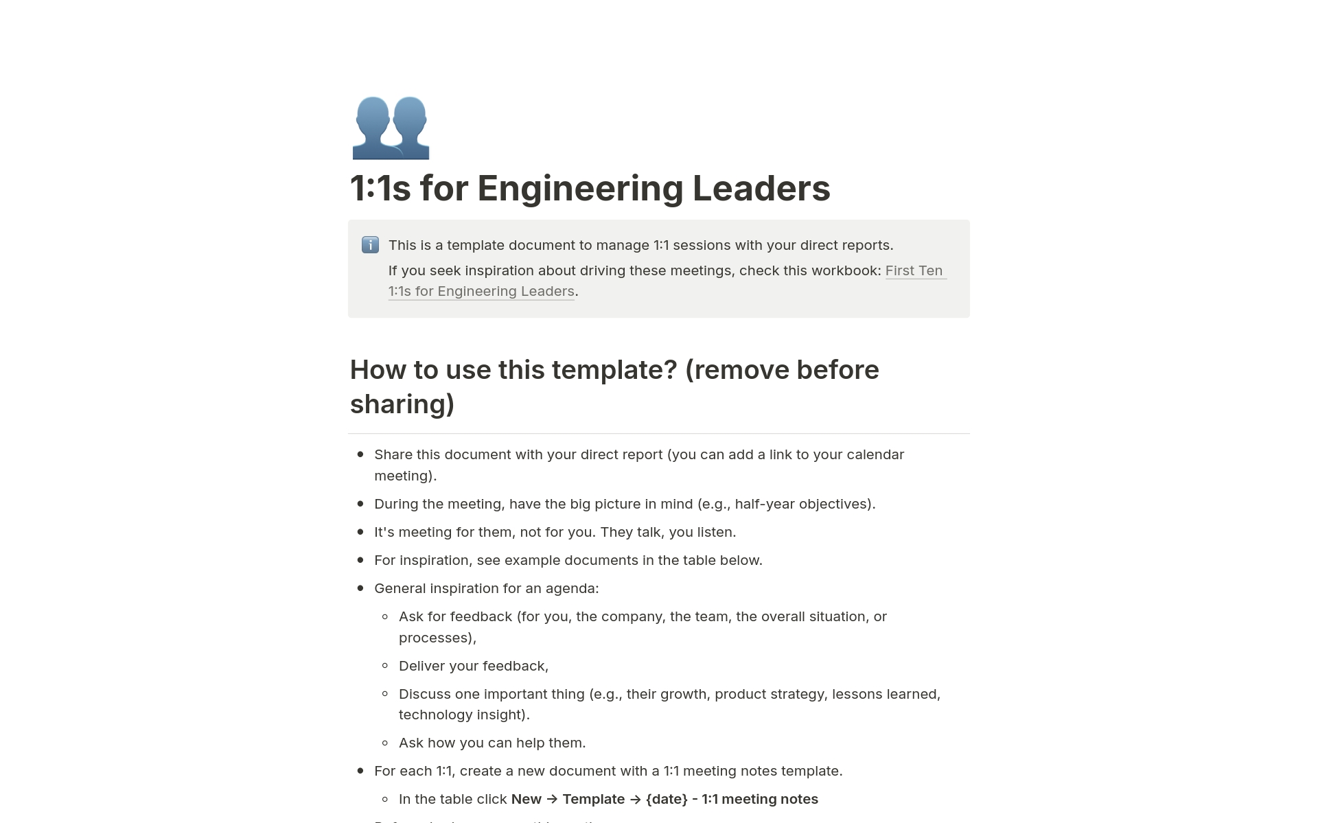 En förhandsgranskning av mallen för 1:1s for Engineering Leaders
