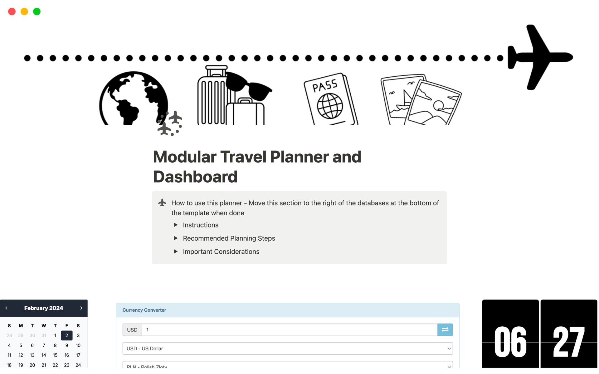 Simplifies travel planning using a modular approach. Features drag and drop interface, cost analysis table, calendar view, packing list, and notes. Includes modular card templates for activities, lodging, and transportation with fields for critical information.