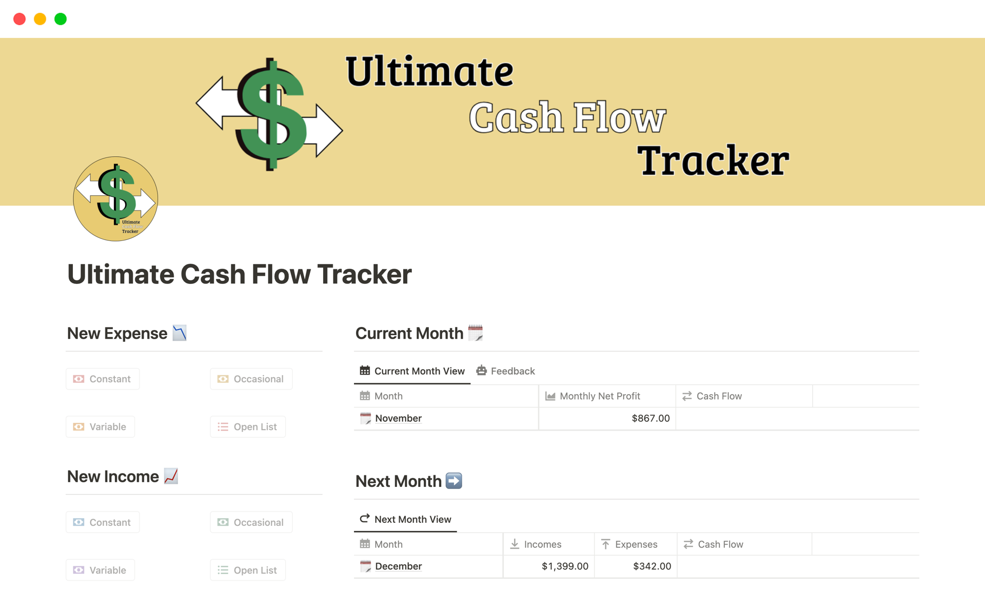 En förhandsgranskning av mallen för Ultimate Cash Flow Tracker