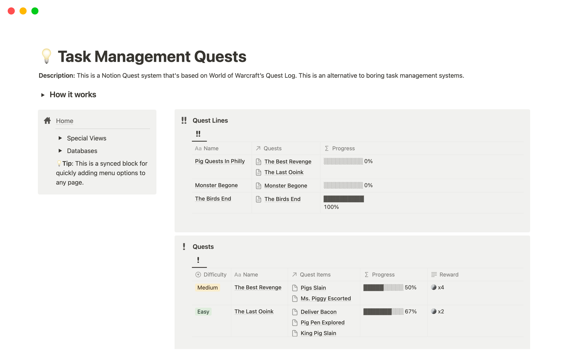 A template preview for Task Management Quests