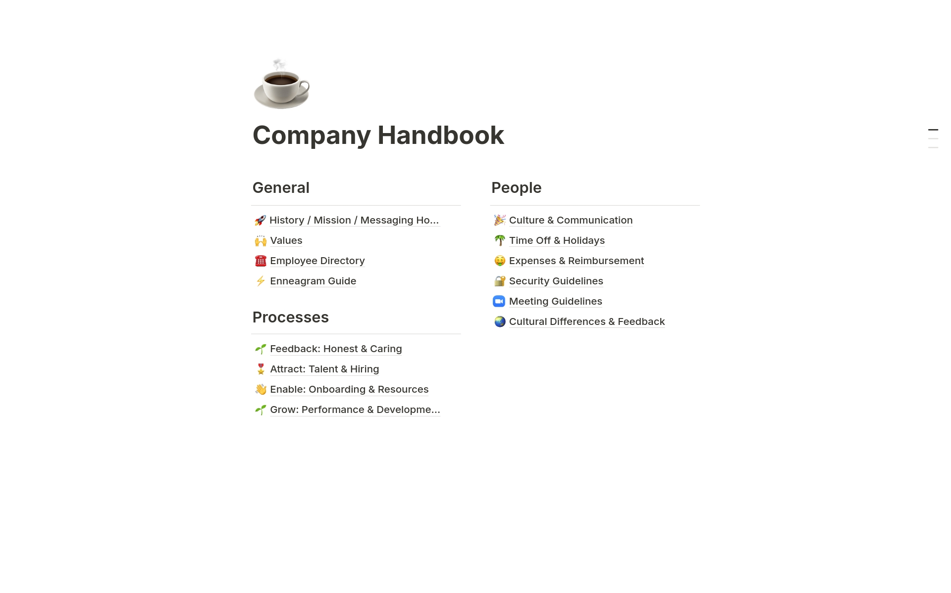 En forhåndsvisning av mal for Alloy's Company Handbook