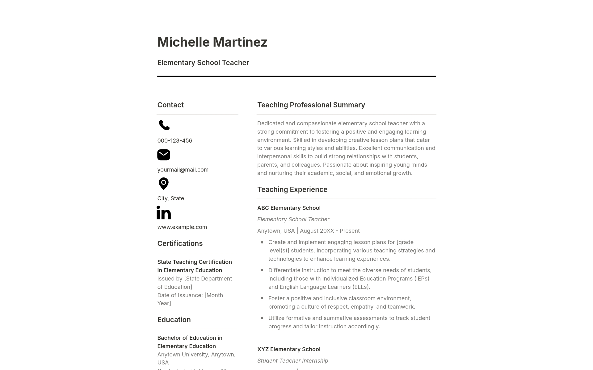 En förhandsgranskning av mallen för B&W Educator Resume + Cover Letter + References