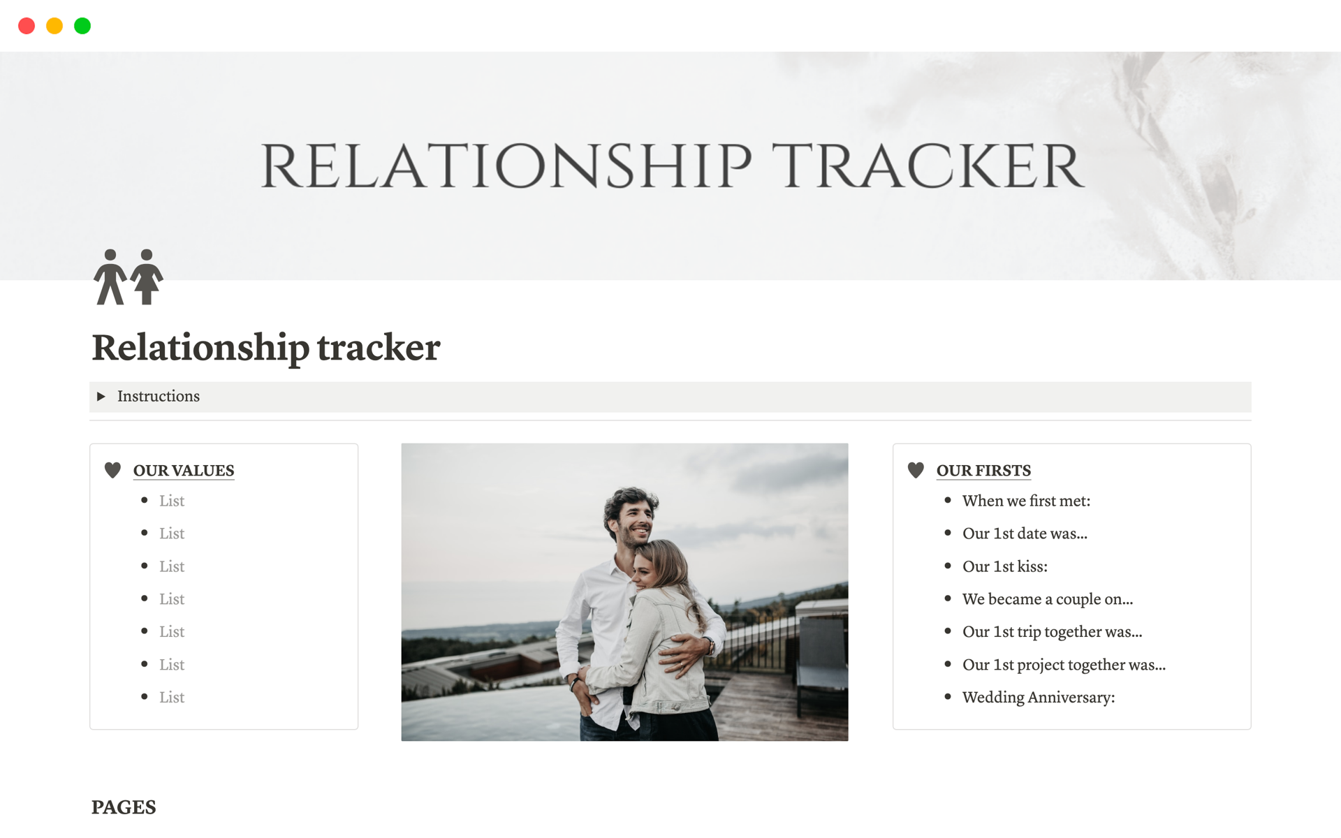 En forhåndsvisning av mal for Relationship tracker