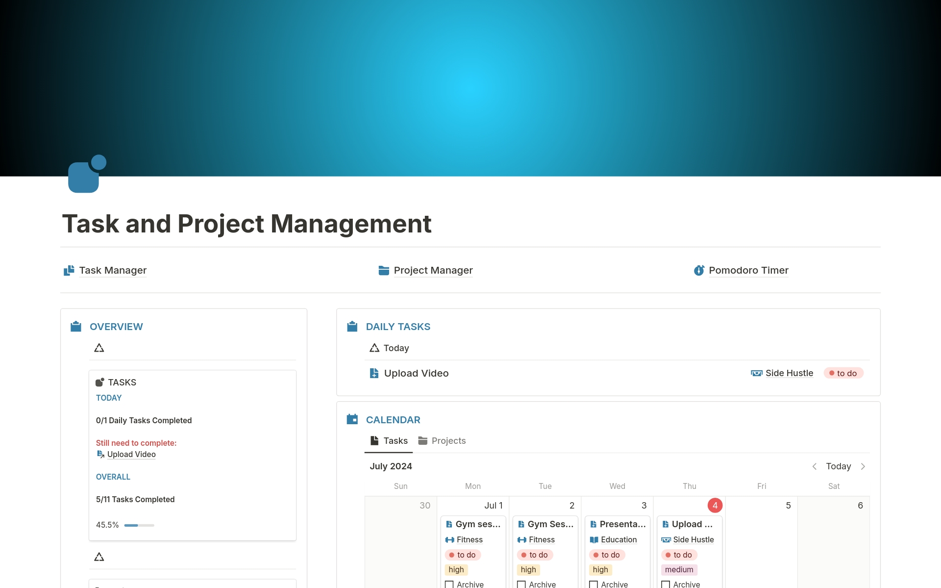 Vista previa de plantilla para Task and Project Management