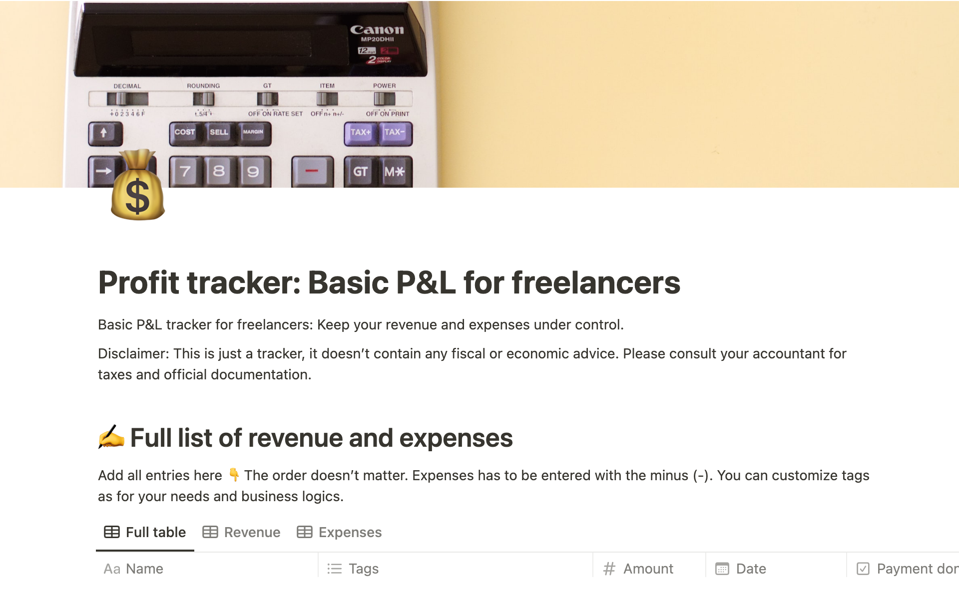 Uma prévia do modelo para Profit tracker: Basic P&L for Freelancers