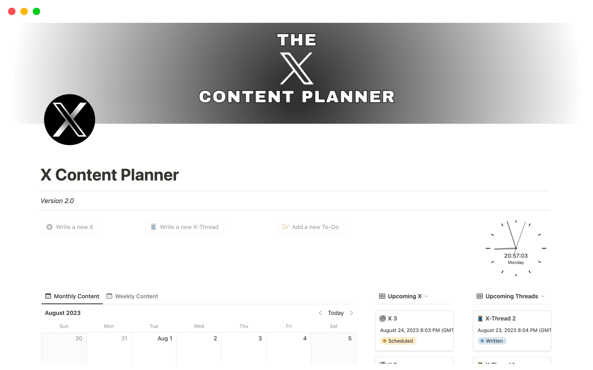 Uma prévia do modelo para X Content Planner