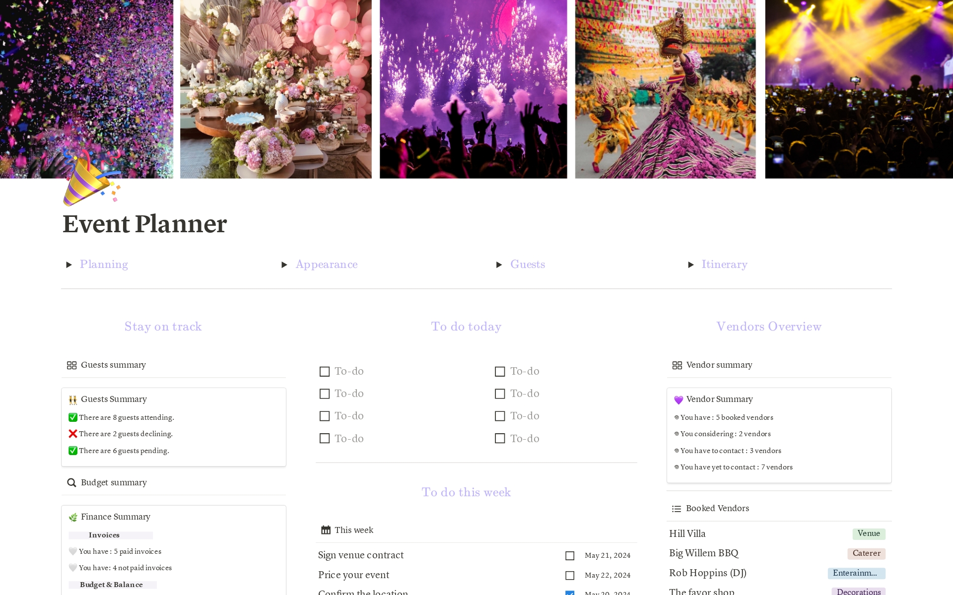 A template preview for Event planner