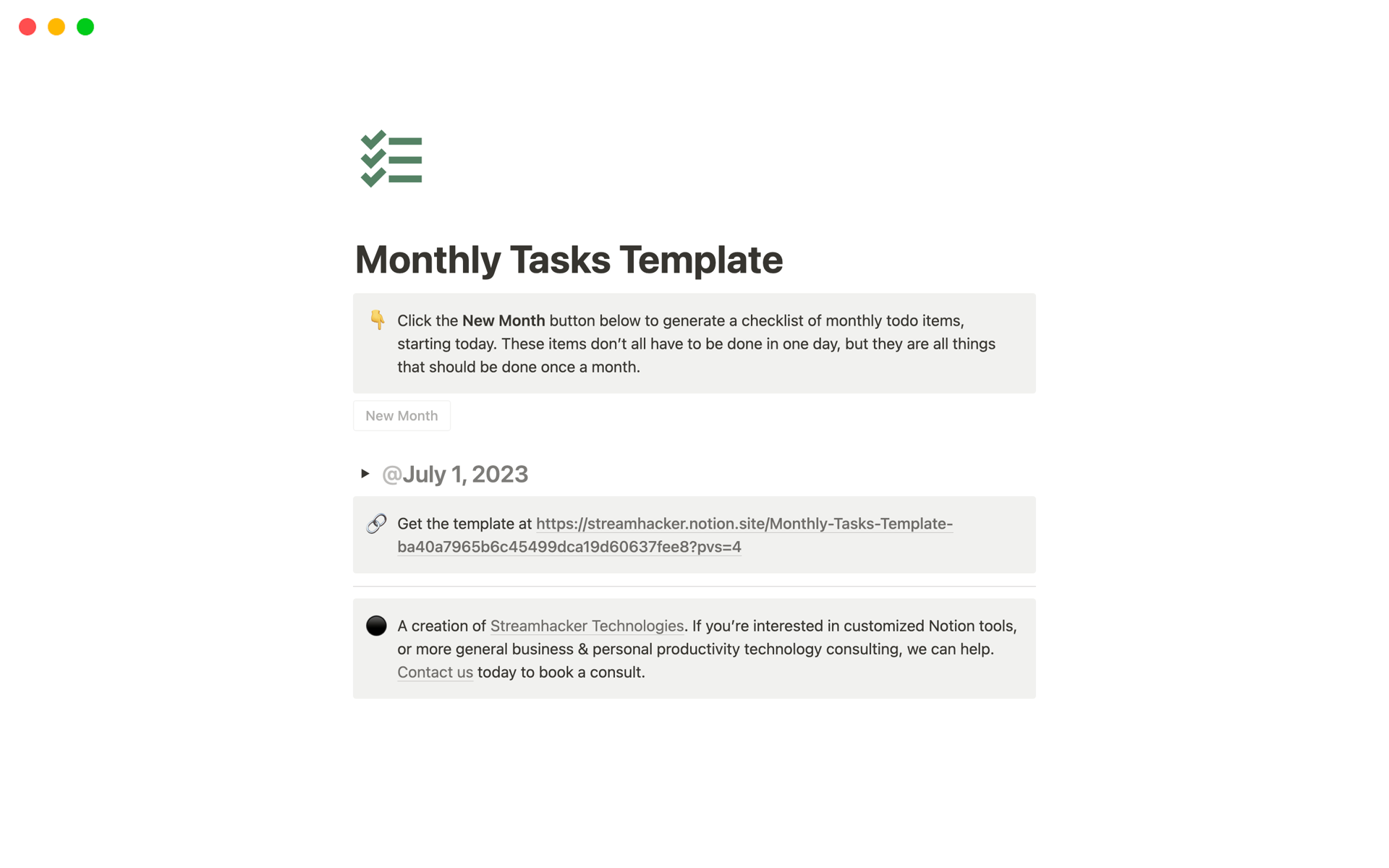 Uma prévia do modelo para Monthly Tasks Template