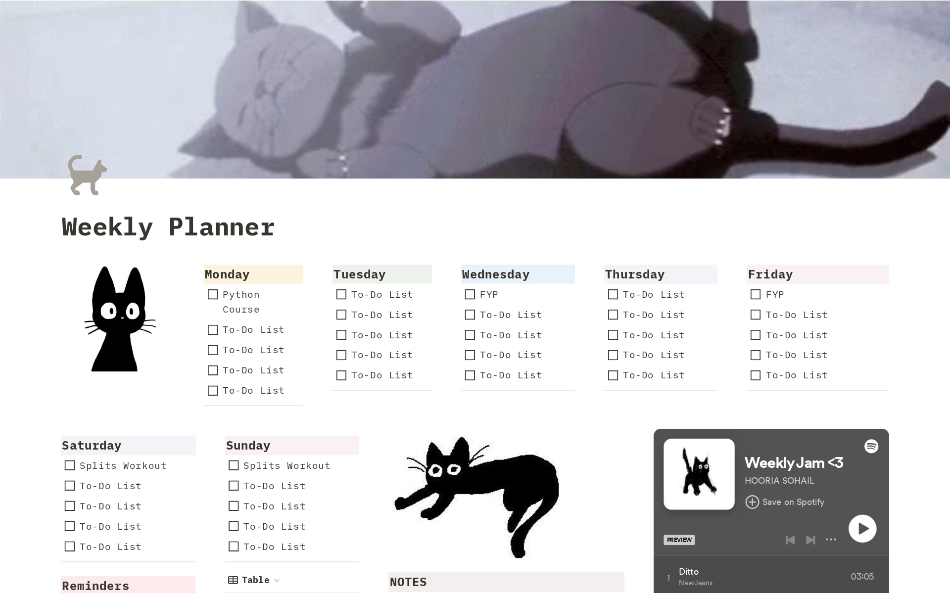 En förhandsgranskning av mallen för Cat-themed Weekly Planner