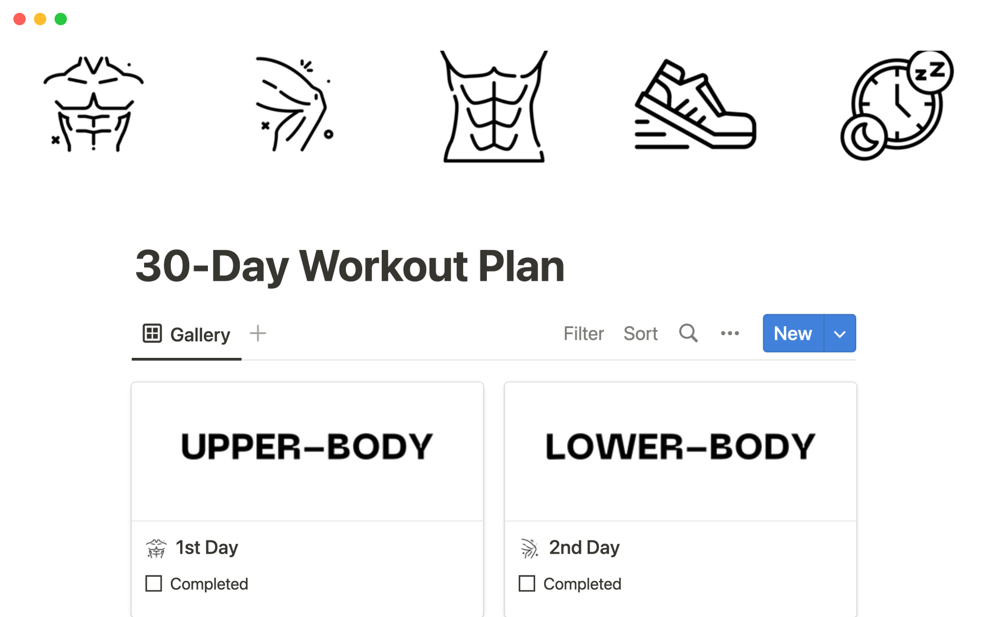 En forhåndsvisning av mal for 30-day workout plan