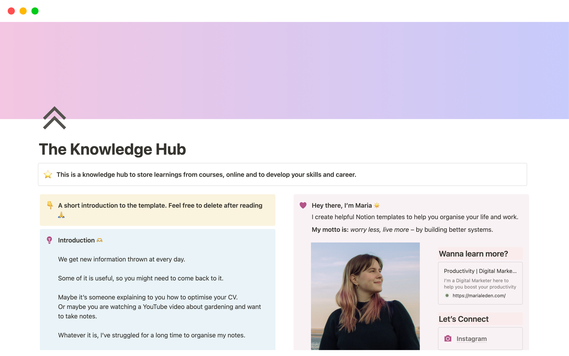 Vista previa de una plantilla para Knowledge Hub OS