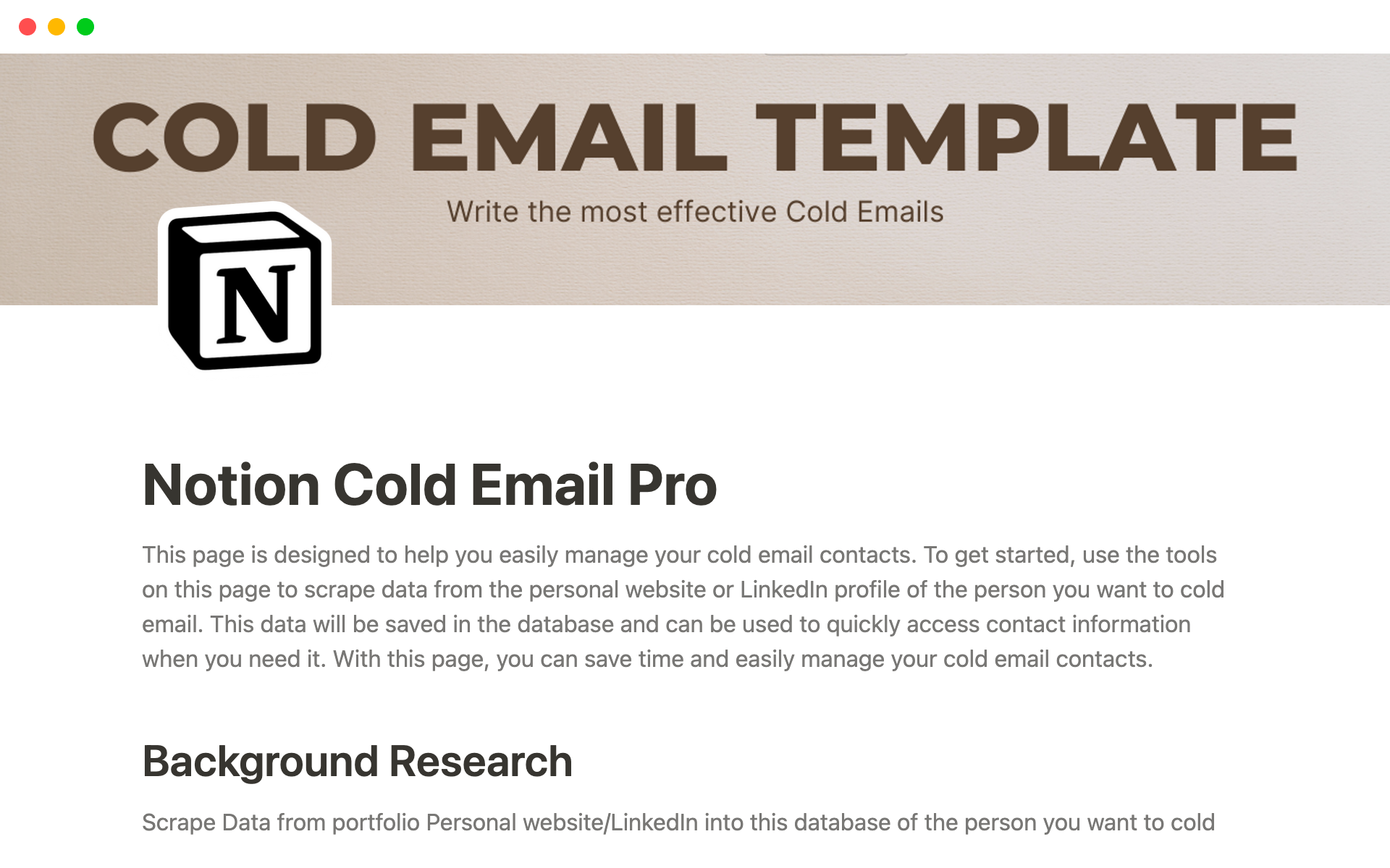 En förhandsgranskning av mallen för Cold Email Template