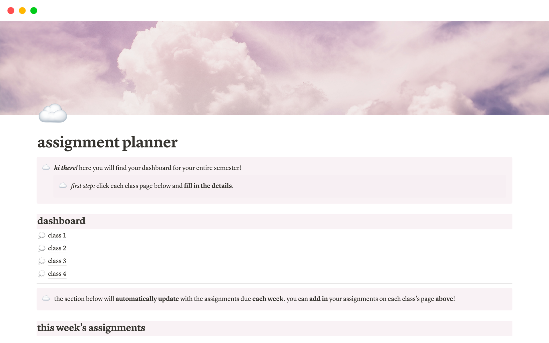 An organizational planner for college assignments.