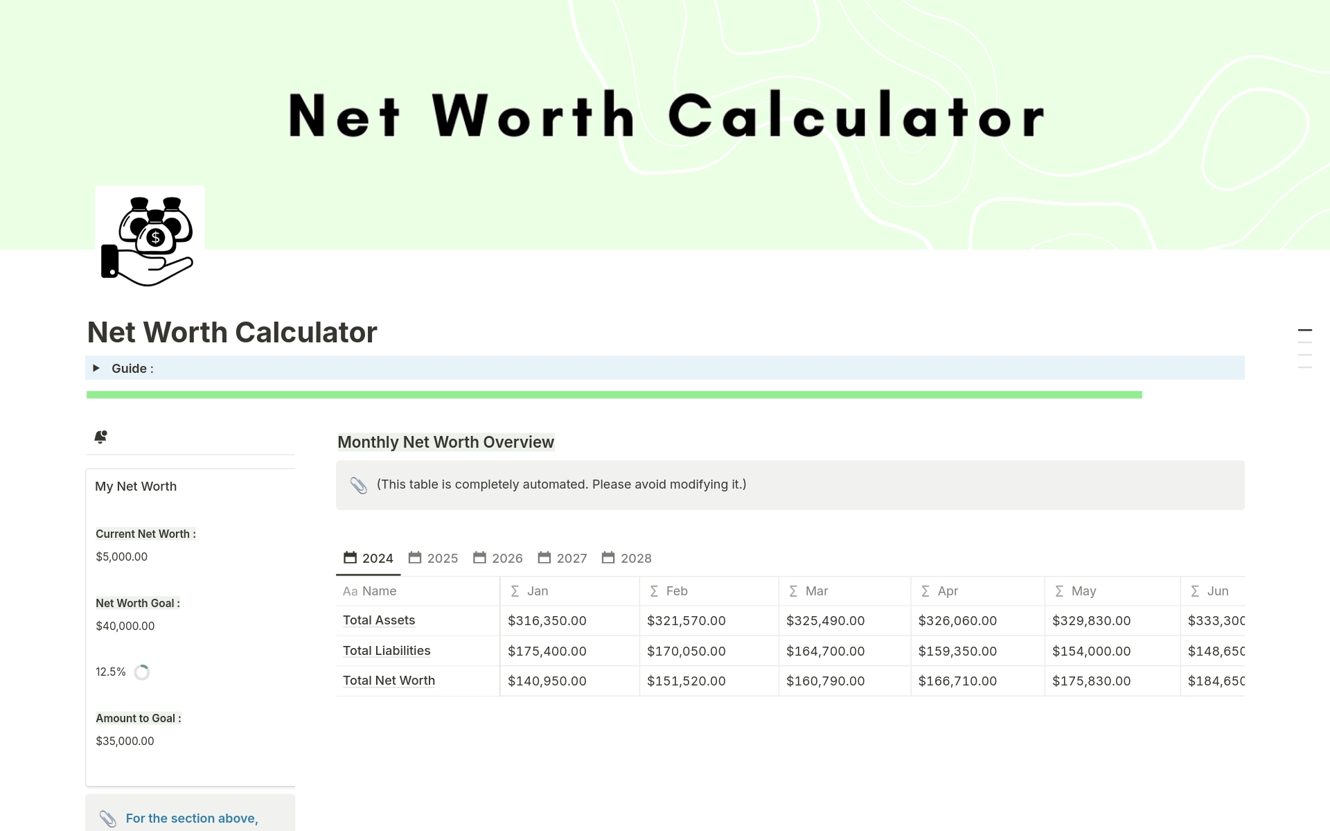 En forhåndsvisning av mal for Net Worth Calculator