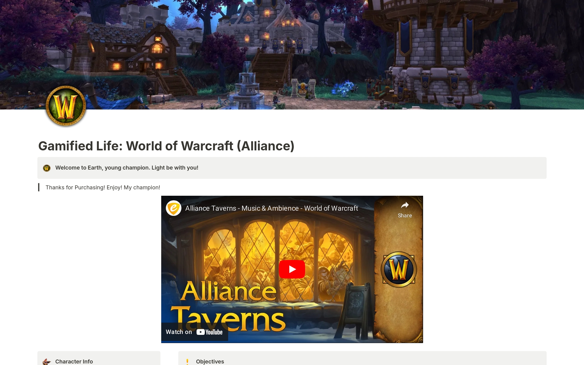 Vista previa de una plantilla para Gamified Life: World of Warcraft (Alliance)