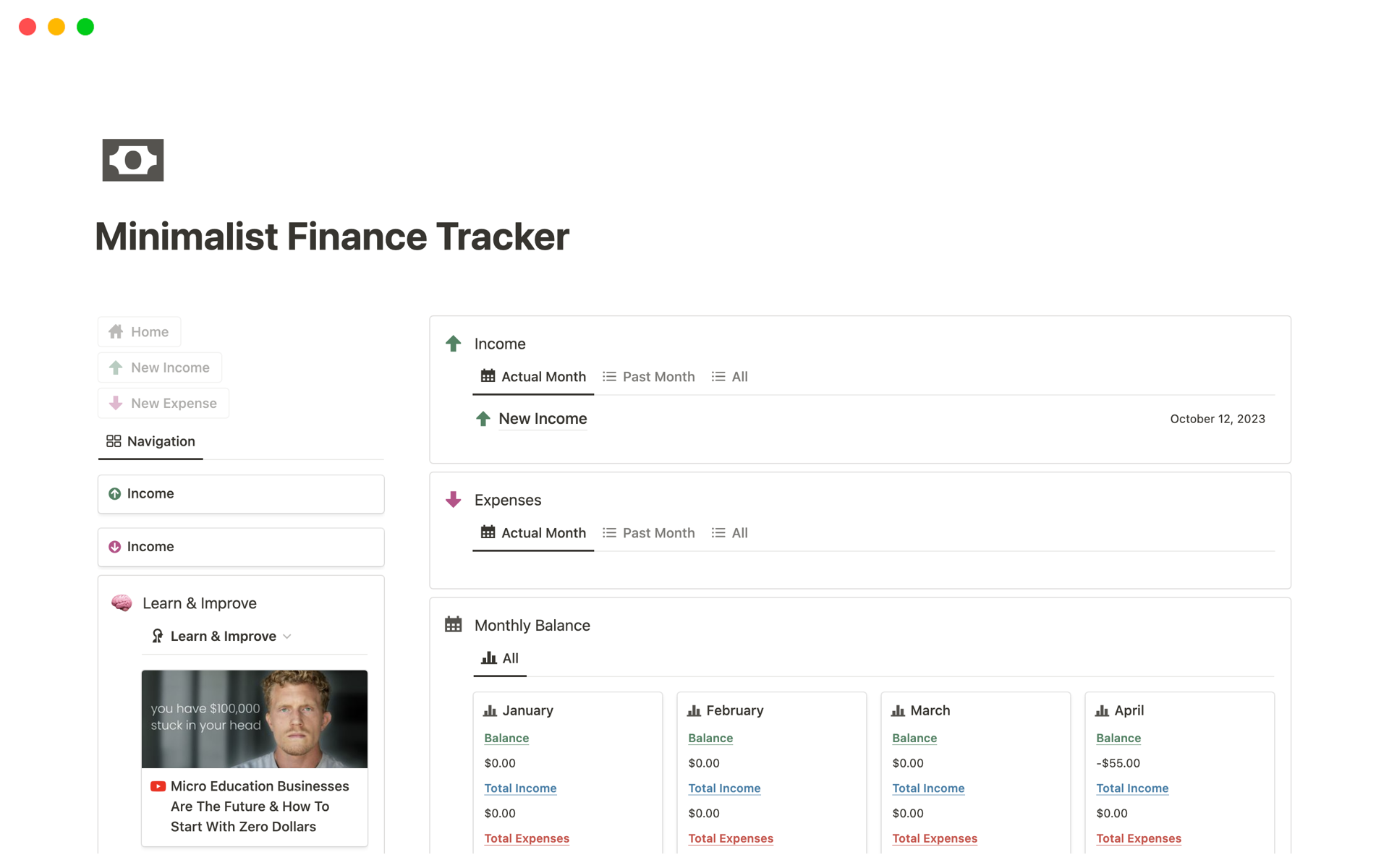 En förhandsgranskning av mallen för Minimalist Finance Tracker