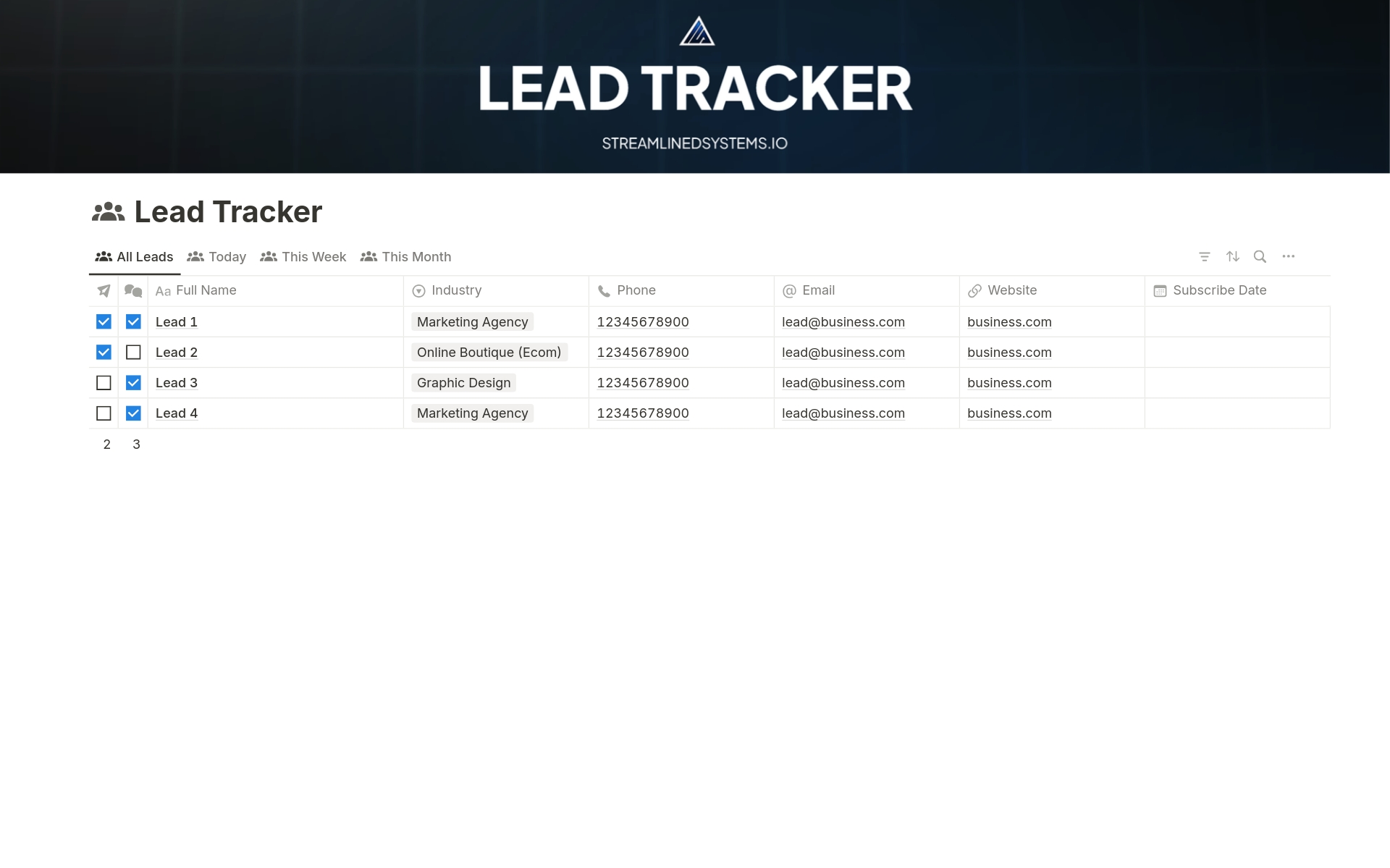 En förhandsgranskning av mallen för Lead Tracker