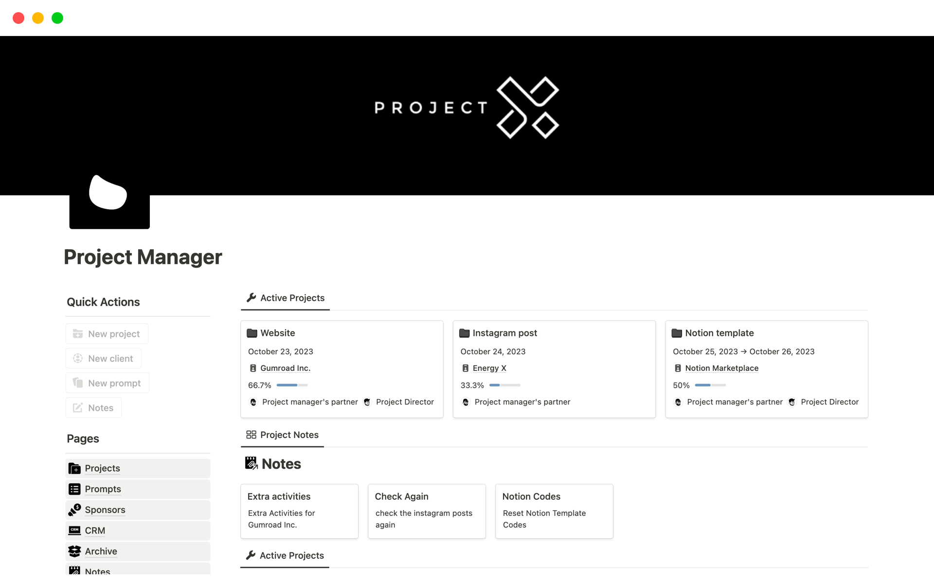 En forhåndsvisning av mal for Project Manager 