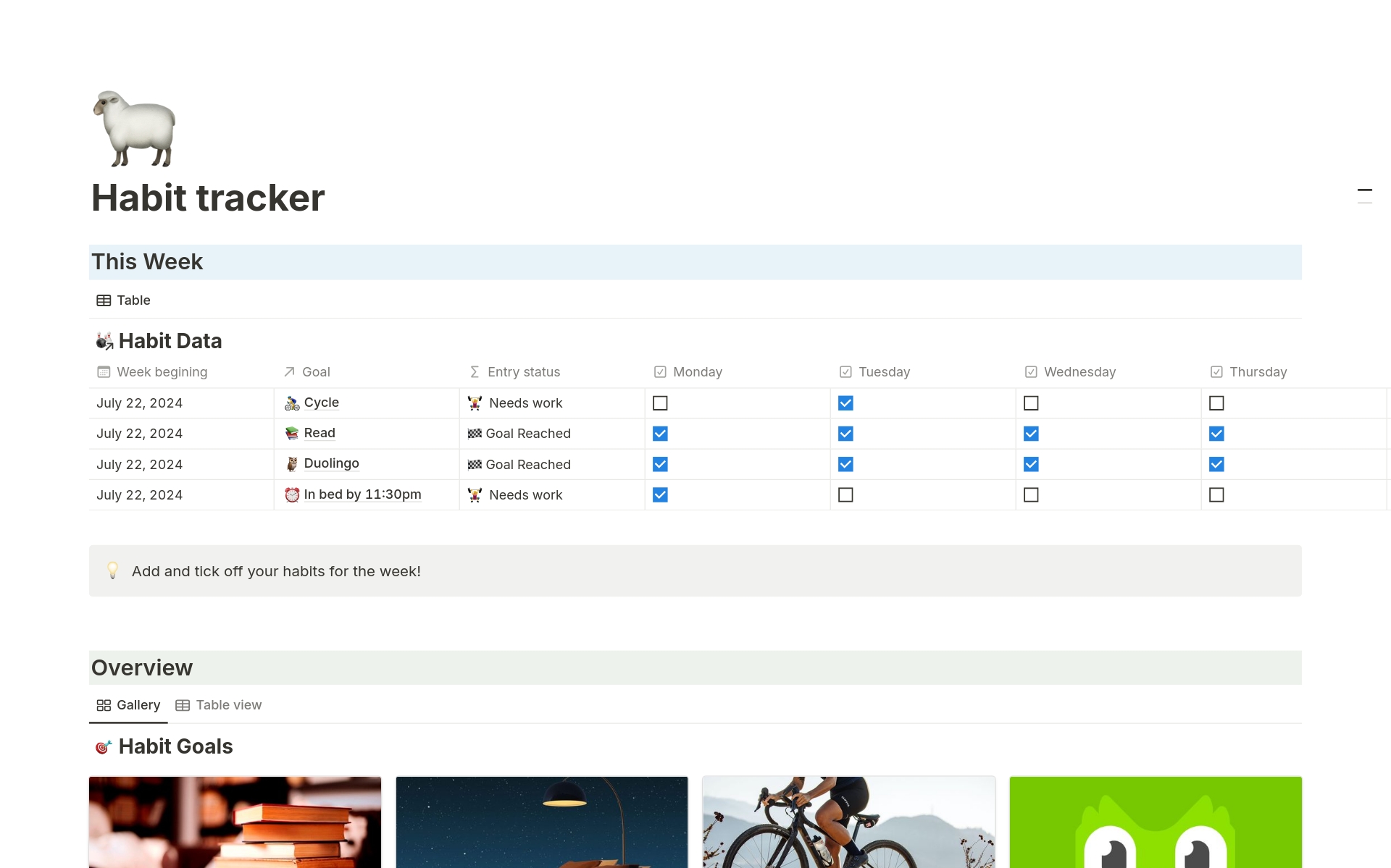 Vista previa de una plantilla para Habit Tracker