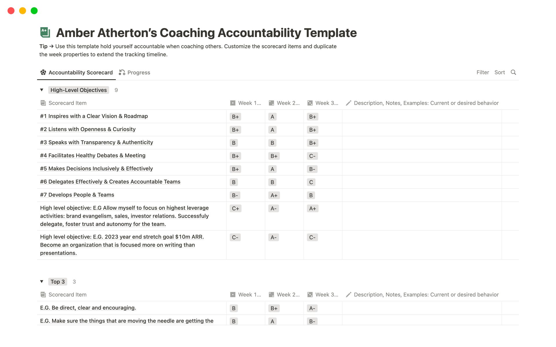 En förhandsgranskning av mallen för Coaching Accountability