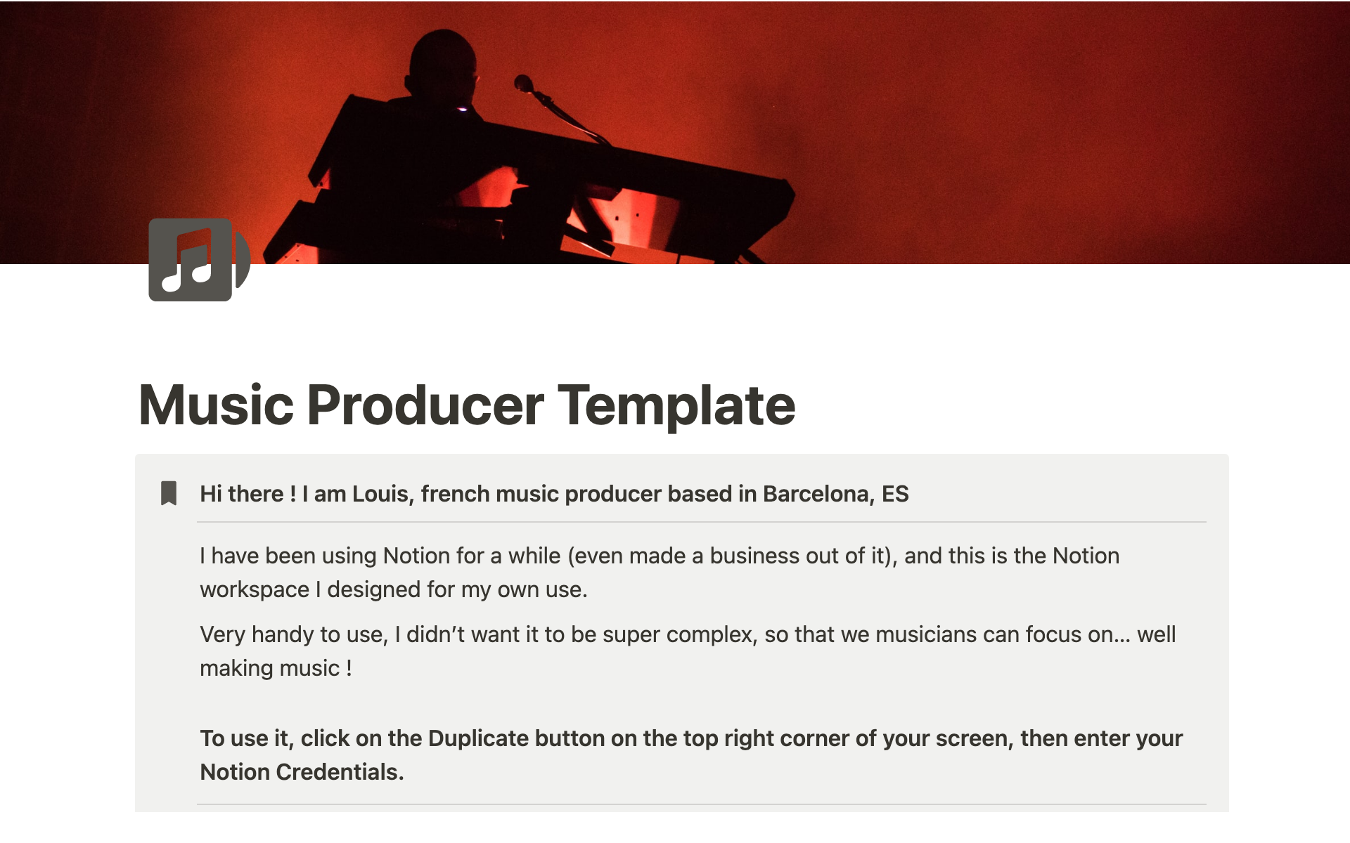 En förhandsgranskning av mallen för Music Producer Notion Template