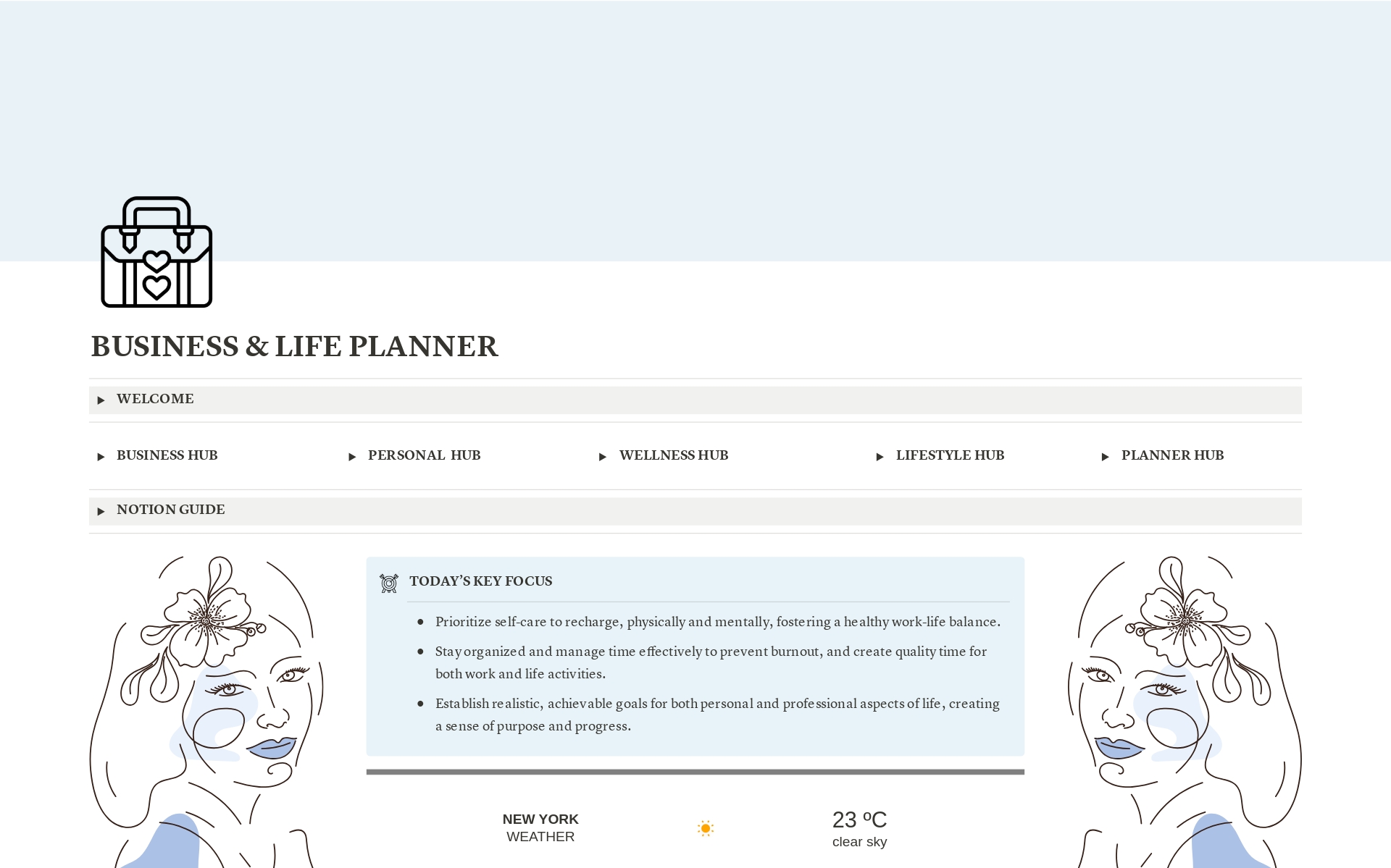 En förhandsgranskning av mallen för Blue Business & Life Planner