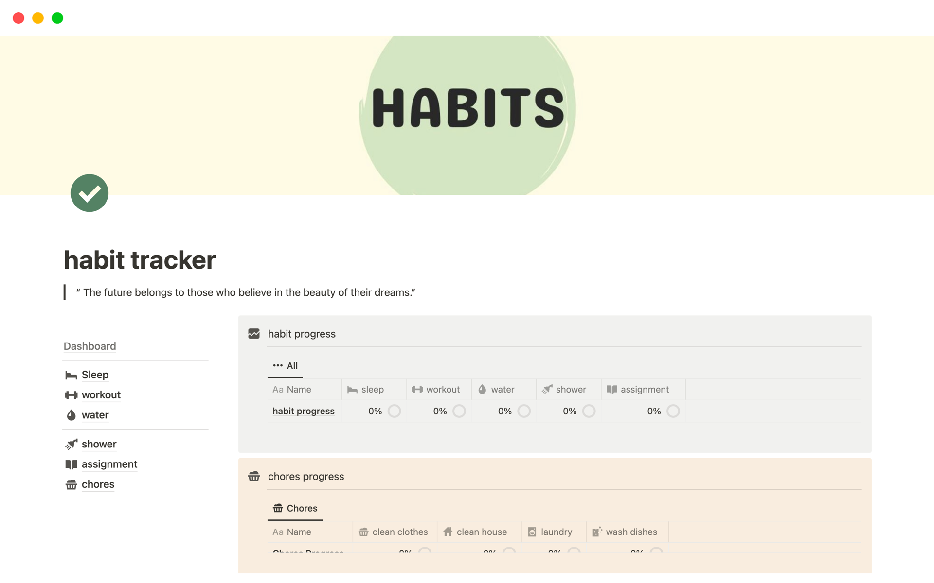 This document is a habit tracker template that includes various habits such as sleep, workout, and water intake. The template is designed to help users track their daily habits and stay accountable for their goals.