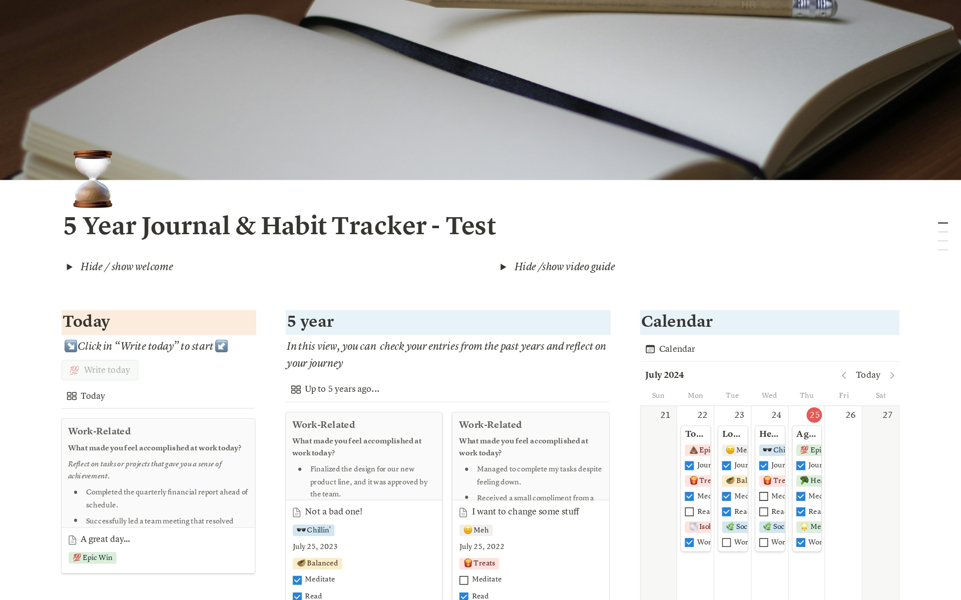 A template preview for 5 Year Journal & Habit Tracker