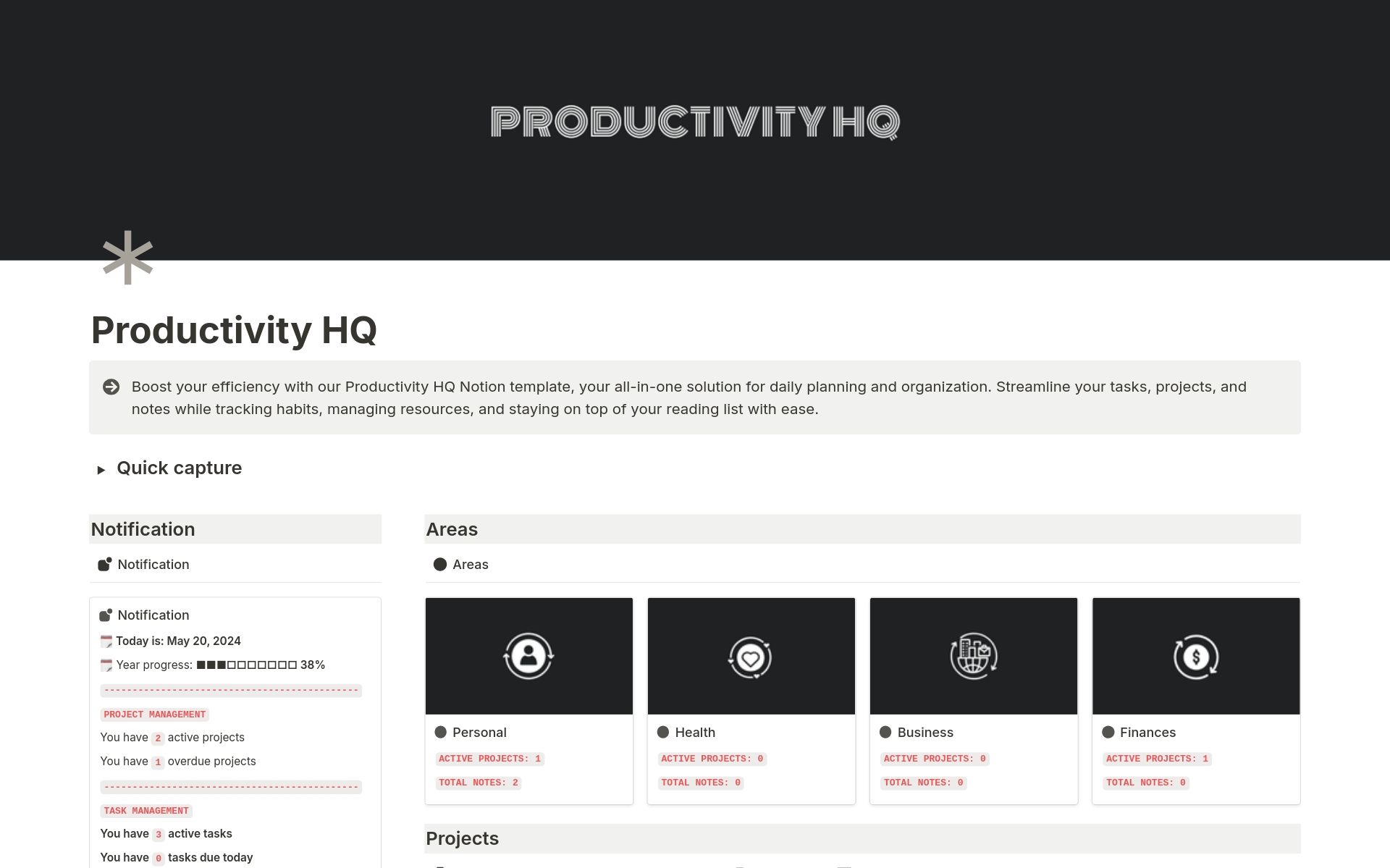 Boost your efficiency with our Productivity HQ Notion template, your all-in-one solution for daily planning and organization. Streamline your tasks, projects, and notes while tracking habits, managing resources, and staying on top of your reading list with ease.