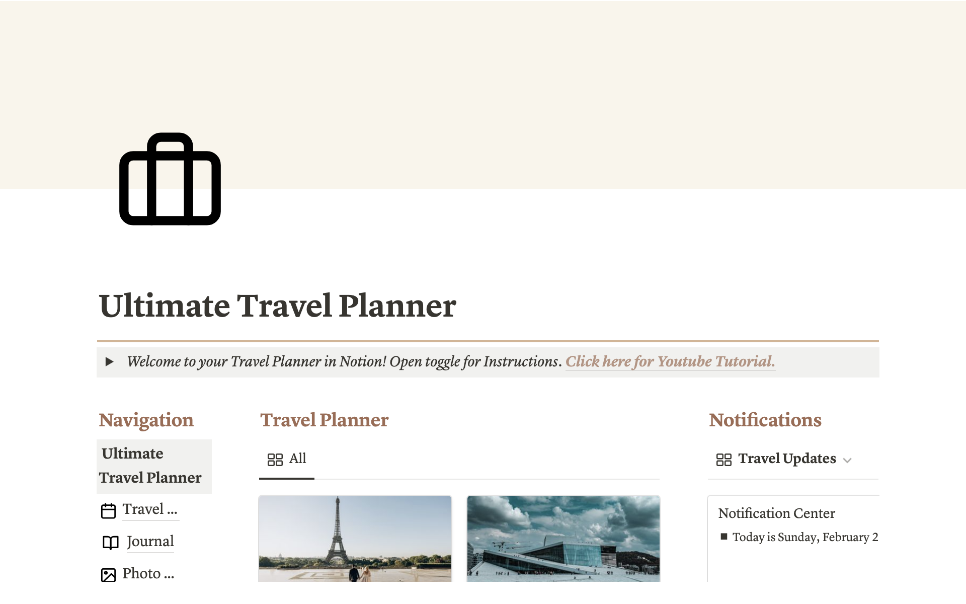 En forhåndsvisning av mal for Ultimate Travel Planner
