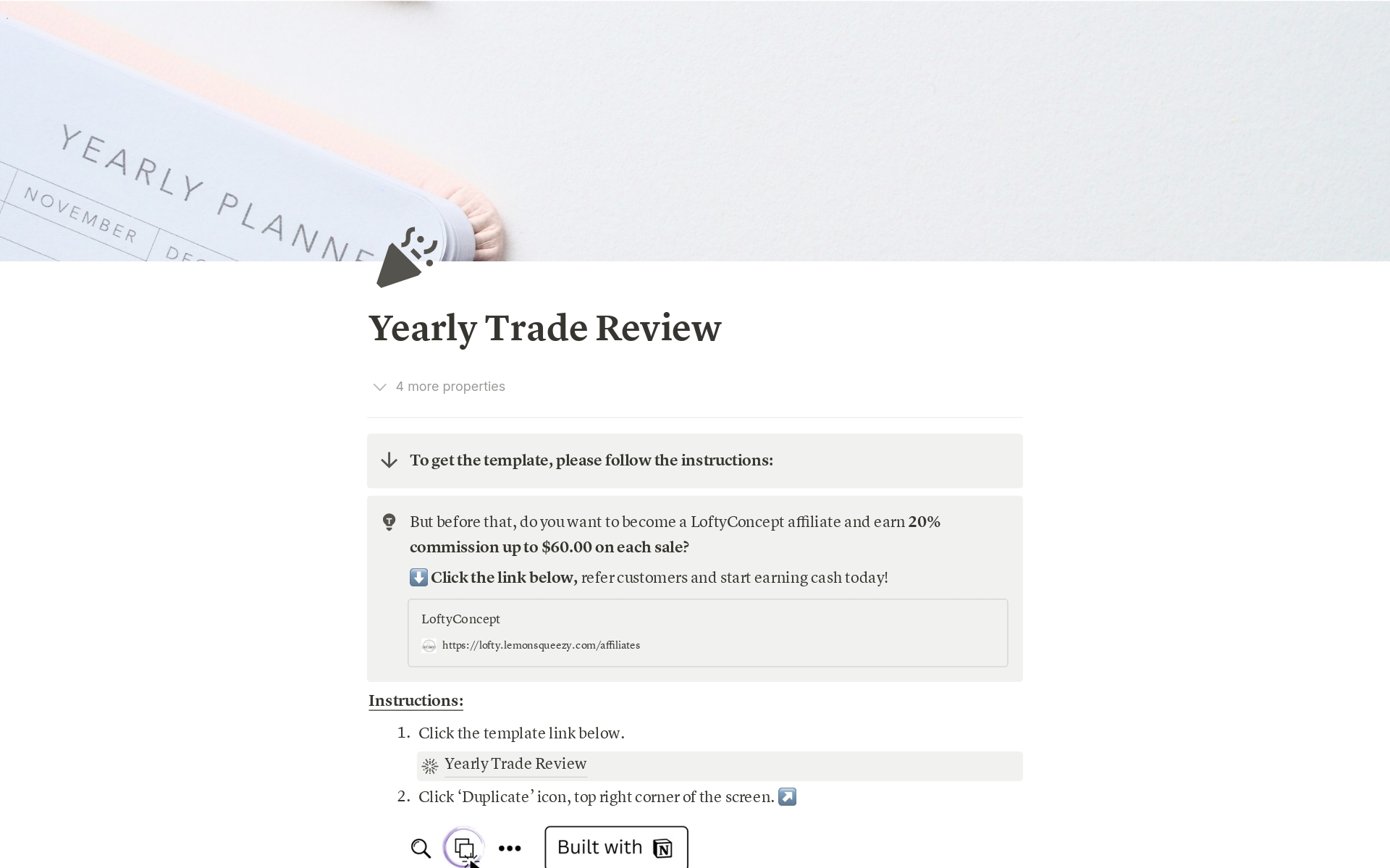 En forhåndsvisning av mal for Yearly Trade Review